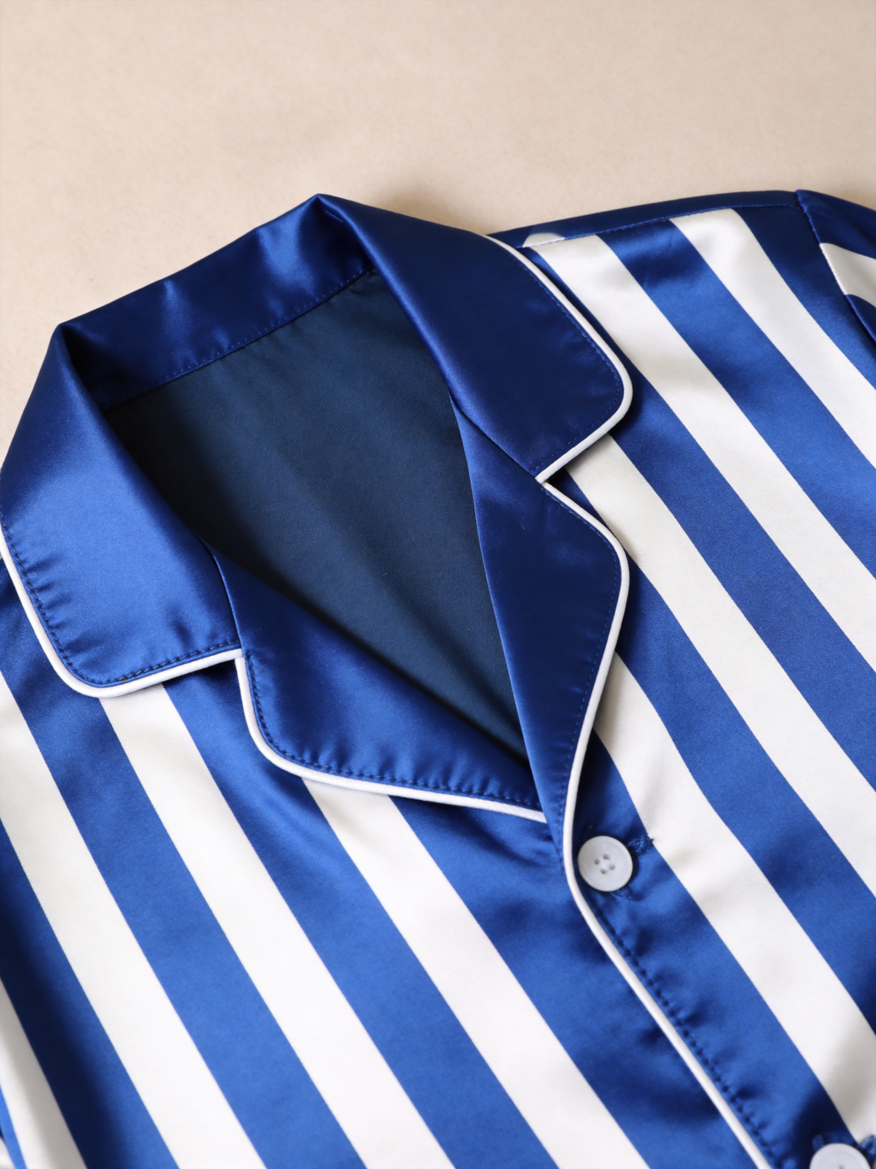 Classic Striped Satin Matching Couple Pajamas – Short Sleeve Button-Down Top & Pants Sleepwear Set