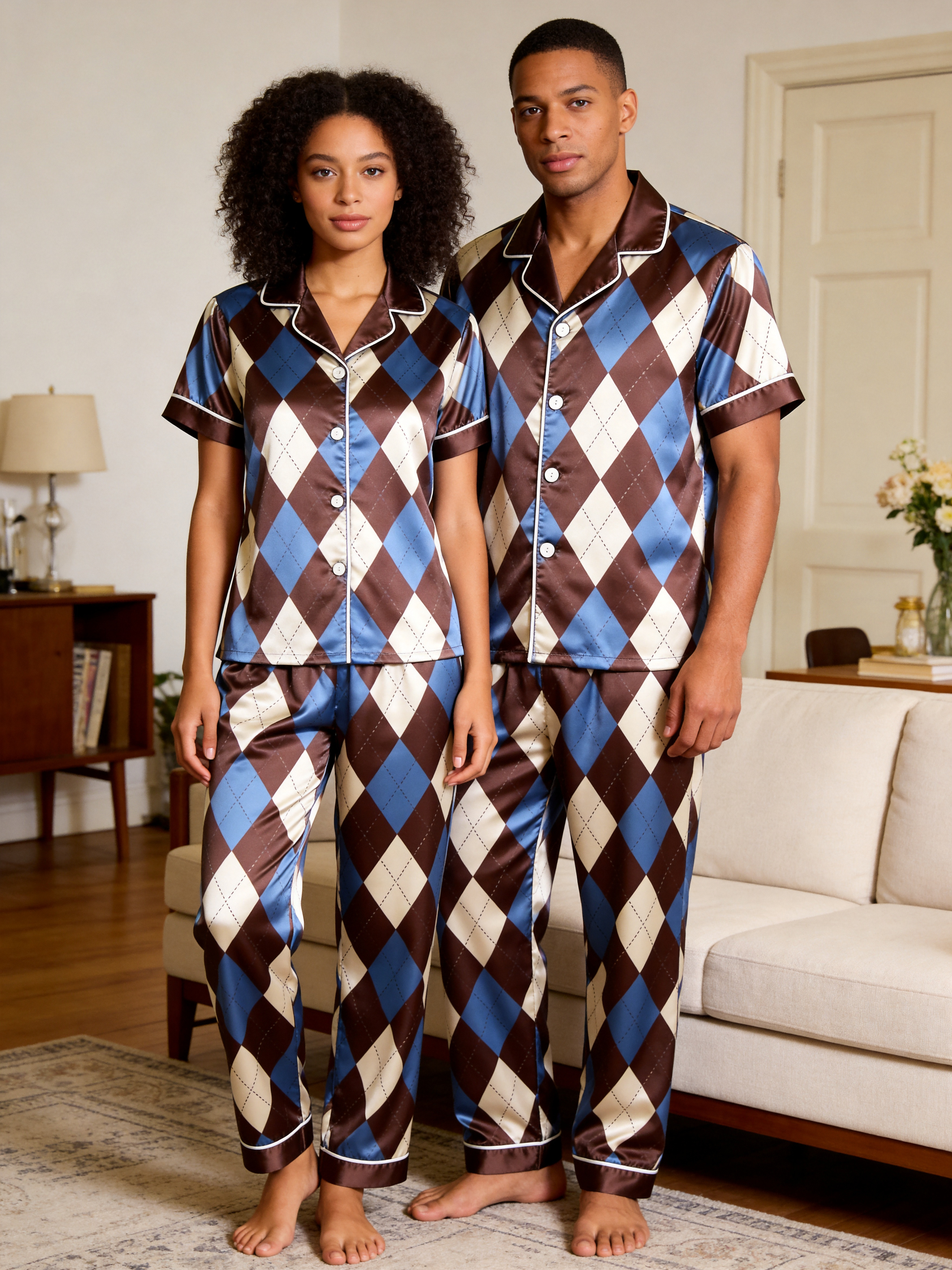 Argyle Satin Matching Pajamas for Couples – Short Sleeve Button-Down Top & Pants Sleepwear Set