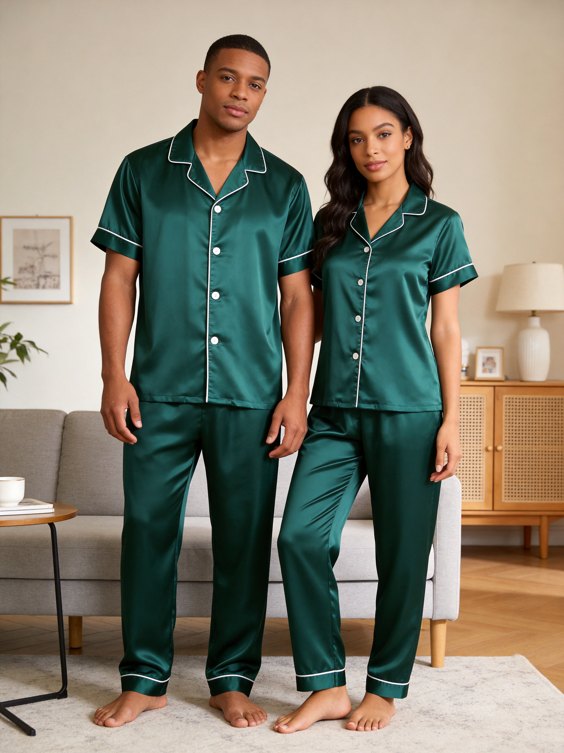 Solid Satin Short Sleeve Couple Button-Down Pajamas