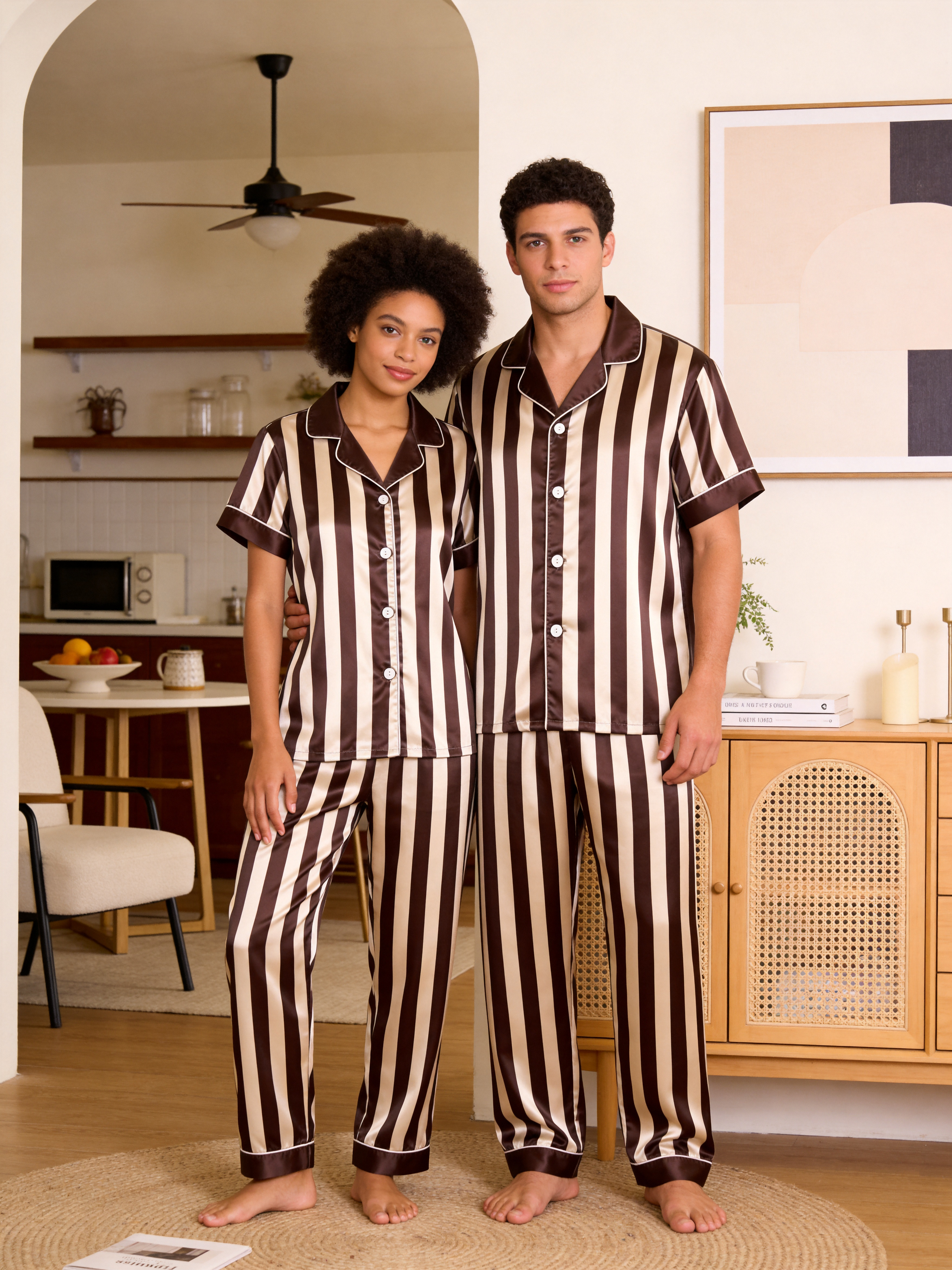Classic Striped Satin Matching Couple Pajamas – Short Sleeve Button-Down Top & Pants Sleepwear Set