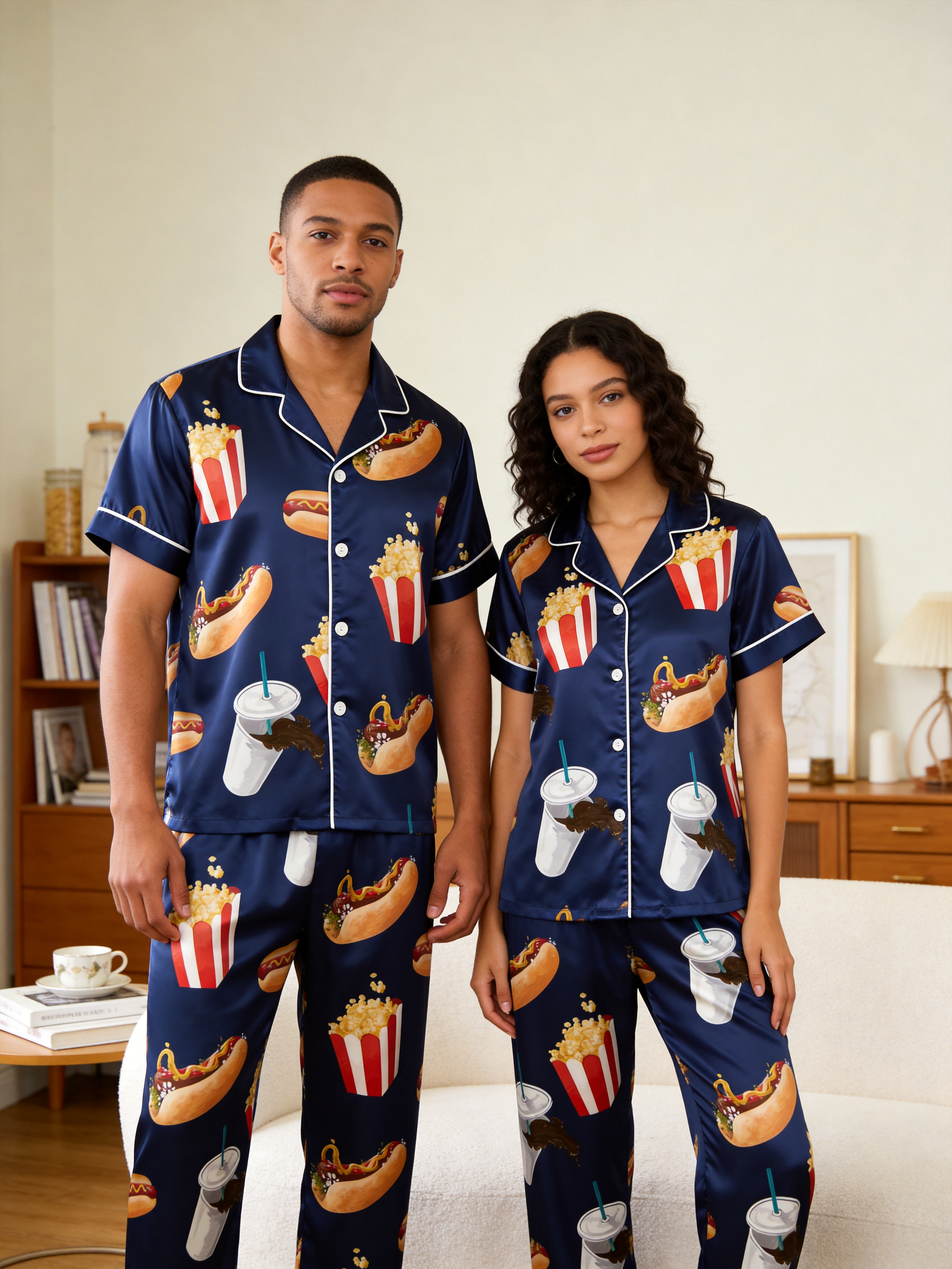 Cute Food Print Couple Short Sleeve Satin Button-Down Top & Pants Sleepwear Set