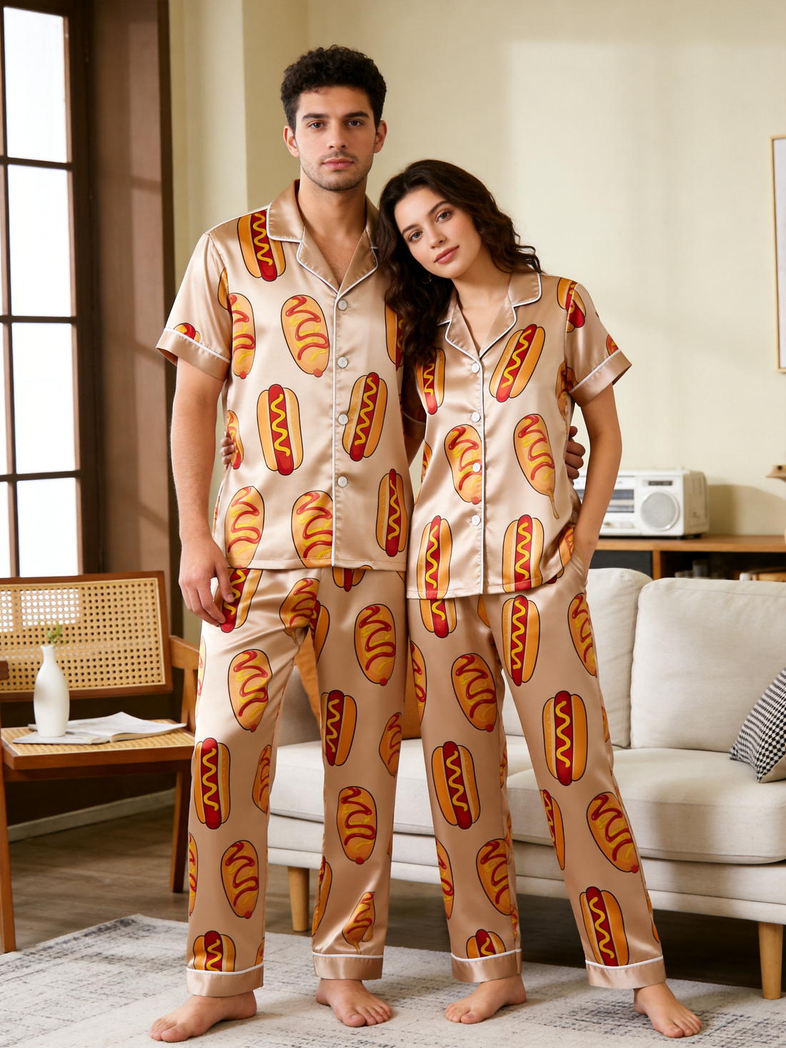 Funny Hot Dog Print Satin Matching Couples Pajamas – Short Sleeve Button-Up Top & Pants Nightwear Set