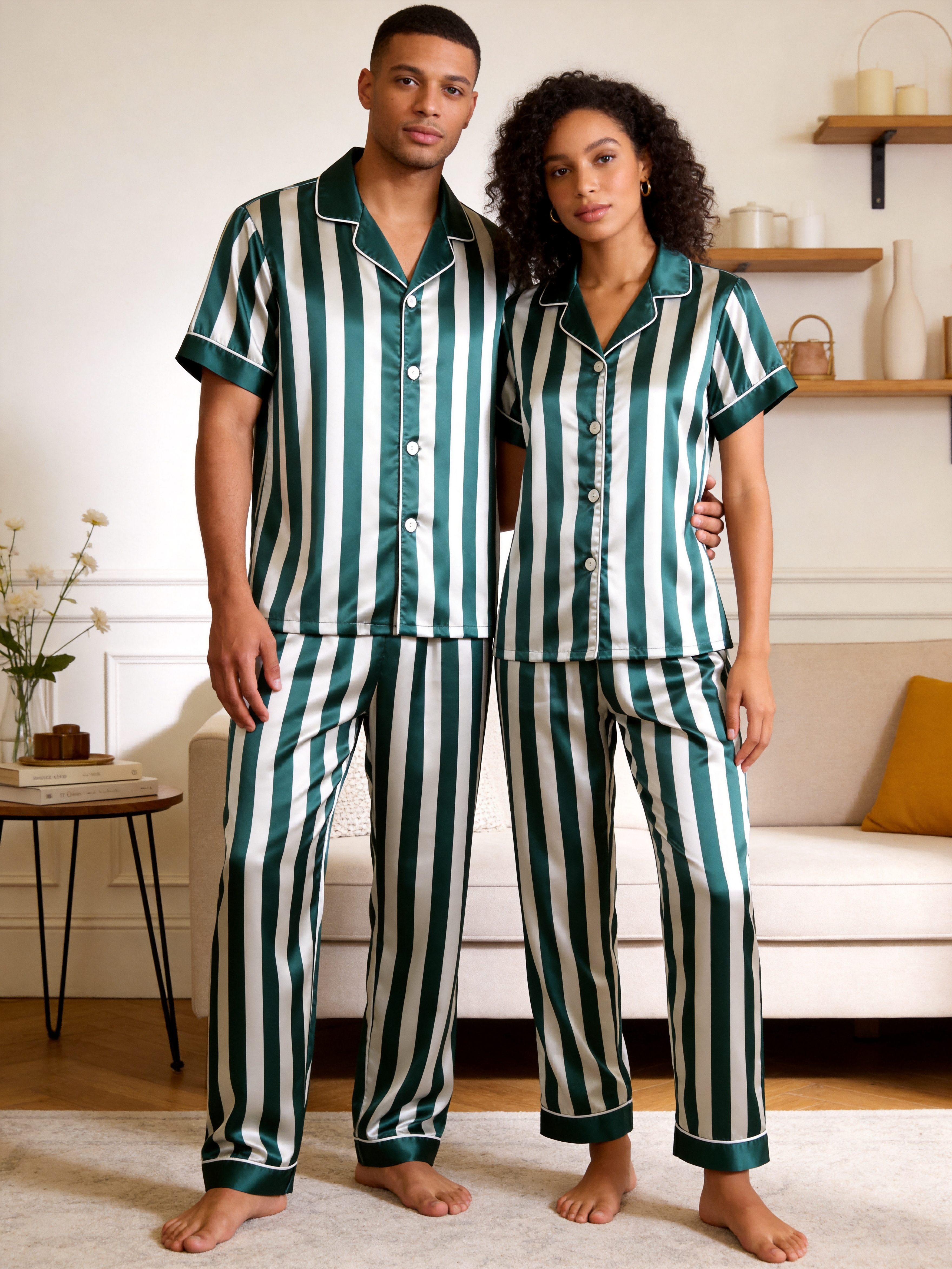 Classic Striped Satin Matching Couple Pajamas – Short Sleeve Button-Down Top & Pants Sleepwear Set