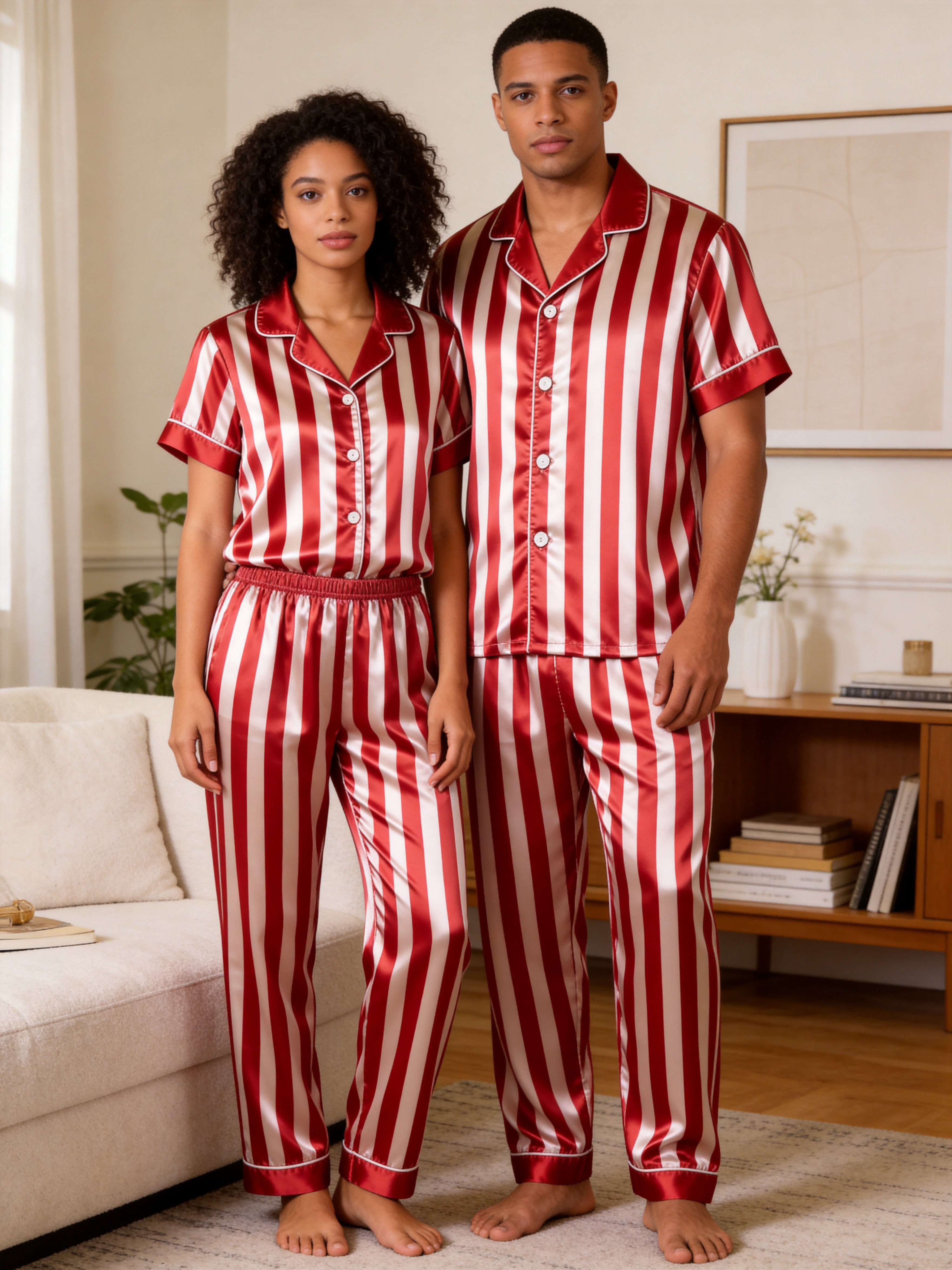 Classic Striped Satin Matching Couple Pajamas – Short Sleeve Button-Down Top & Pants Sleepwear Set