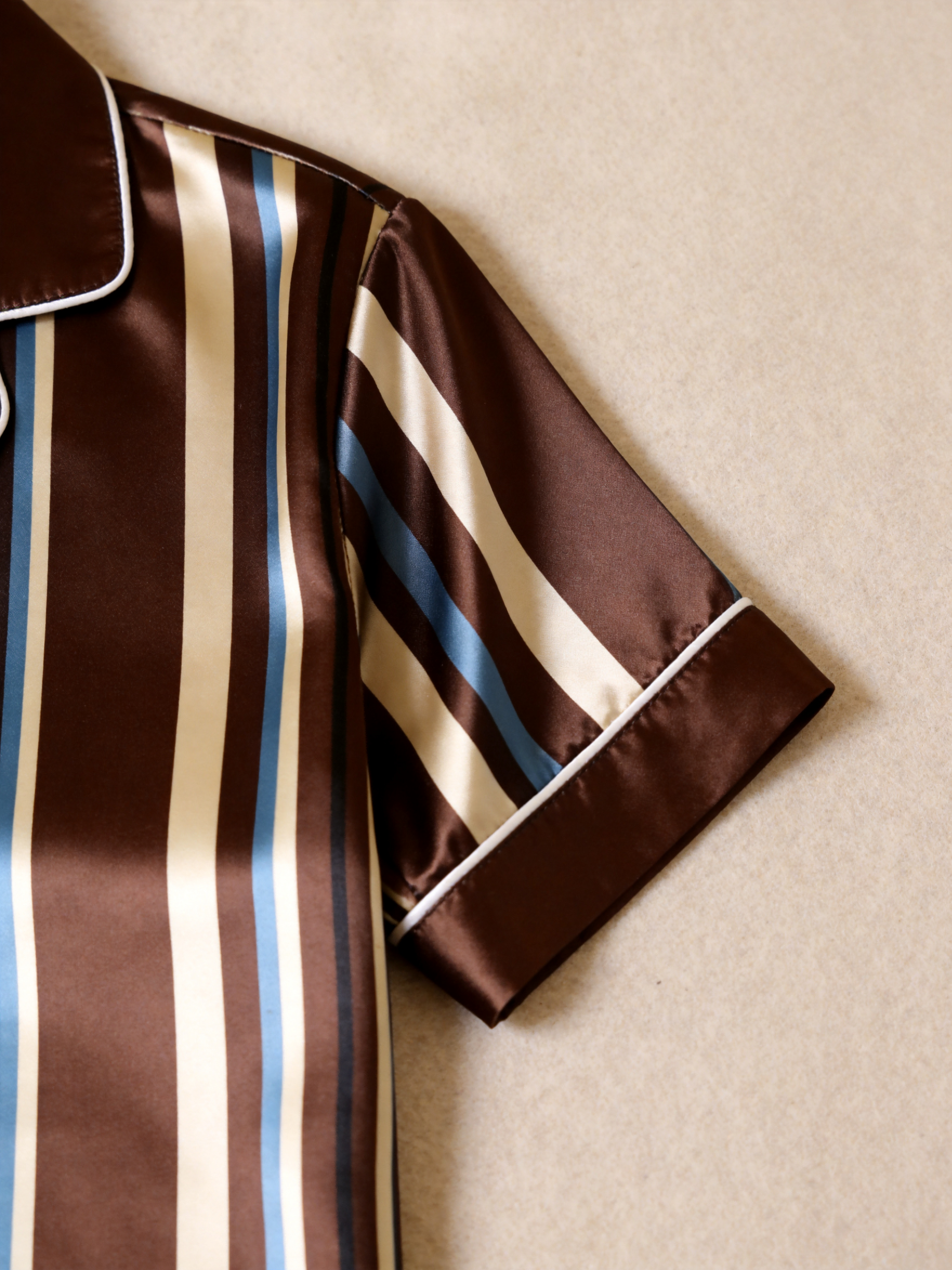 Vertical Stripe Short Sleeve Notched Collar Button-Down Shirt and Long Pants Nightwear