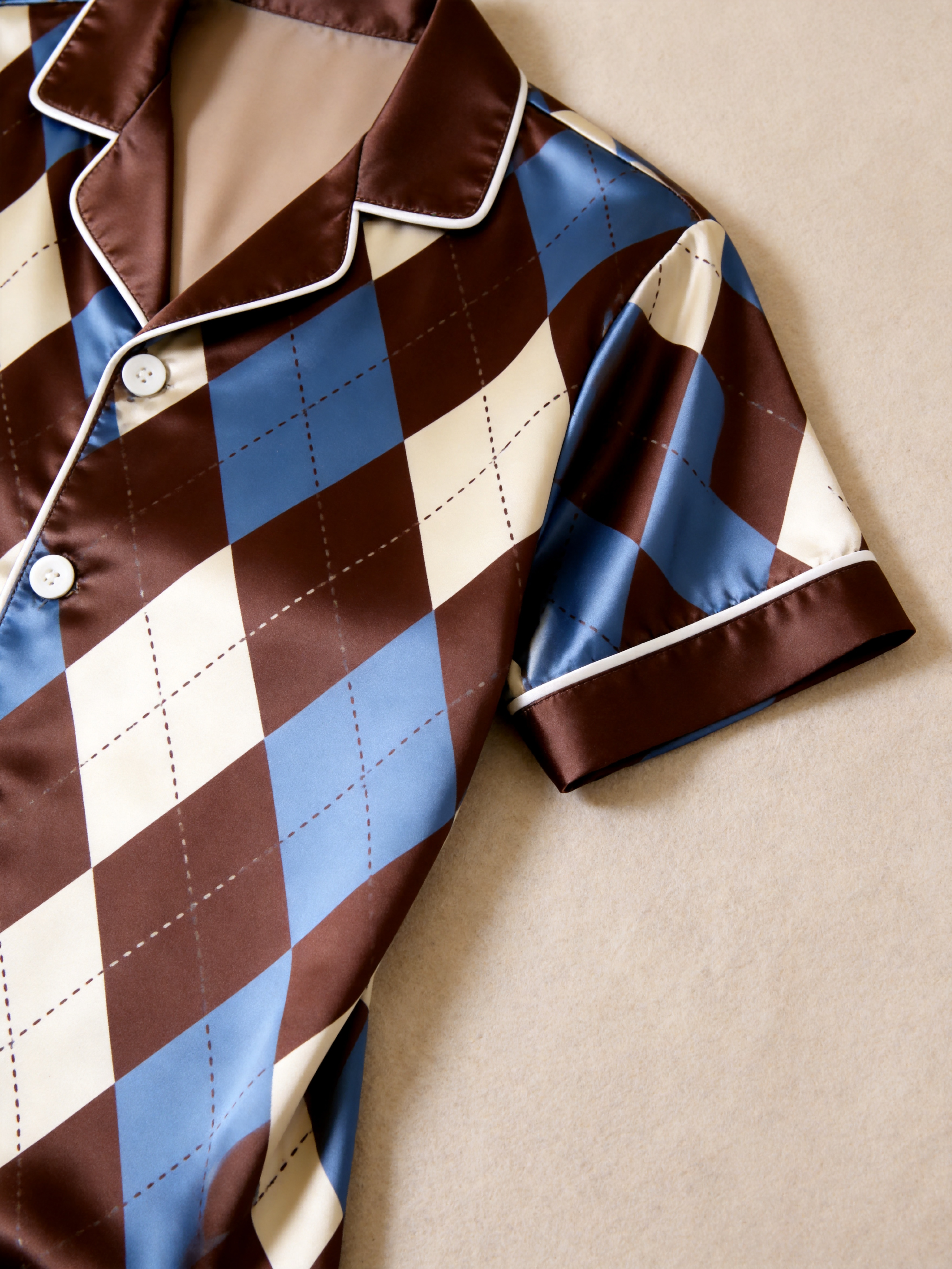 Argyle Satin Matching Pajamas for Couples – Short Sleeve Button-Down Top & Pants Sleepwear Set