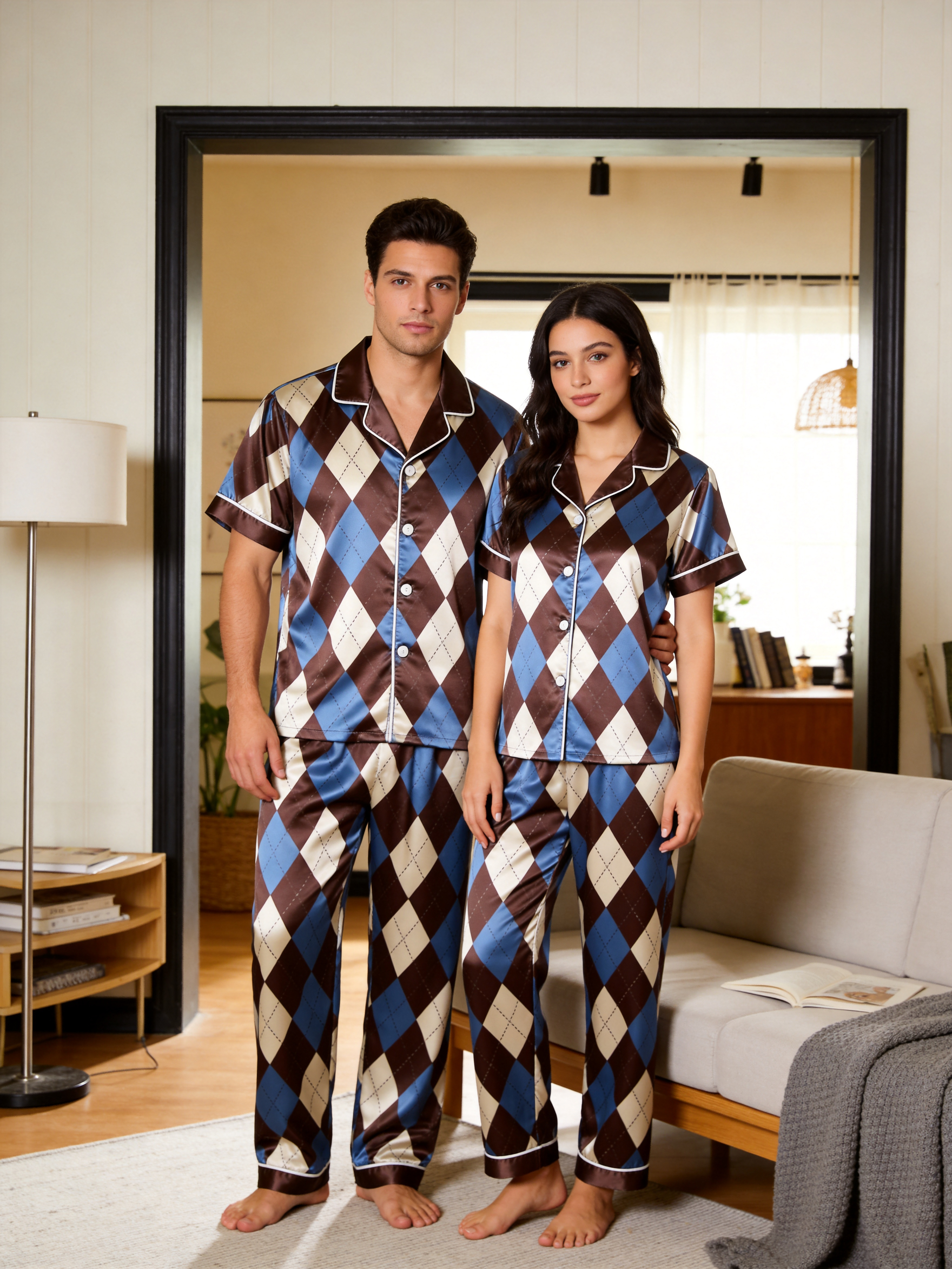 Argyle Satin Matching Pajamas for Couples – Short Sleeve Button-Down Top & Pants Sleepwear Set