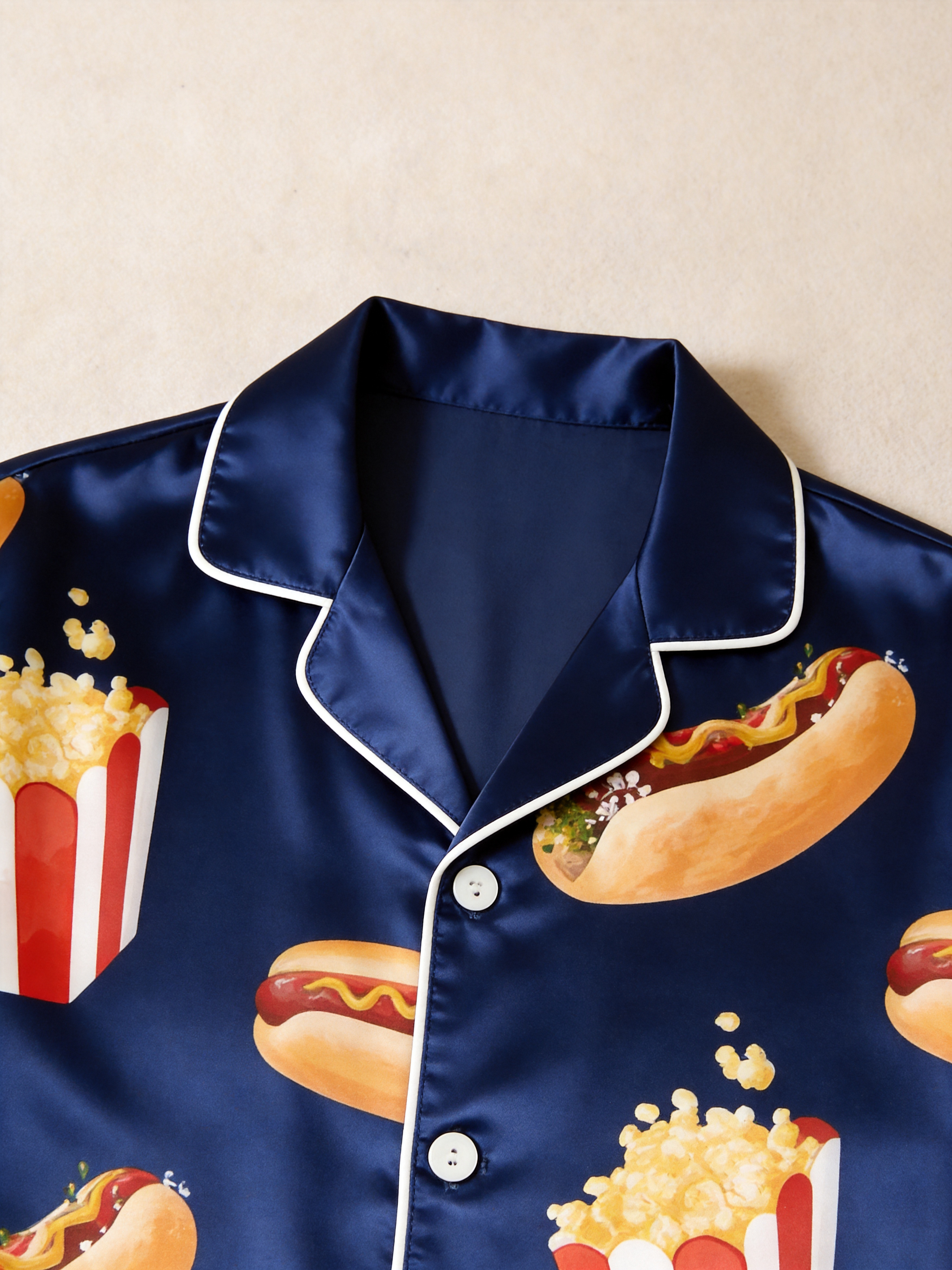 Cute Food Print Couple Short Sleeve Satin Button-Down Top & Pants Sleepwear Set