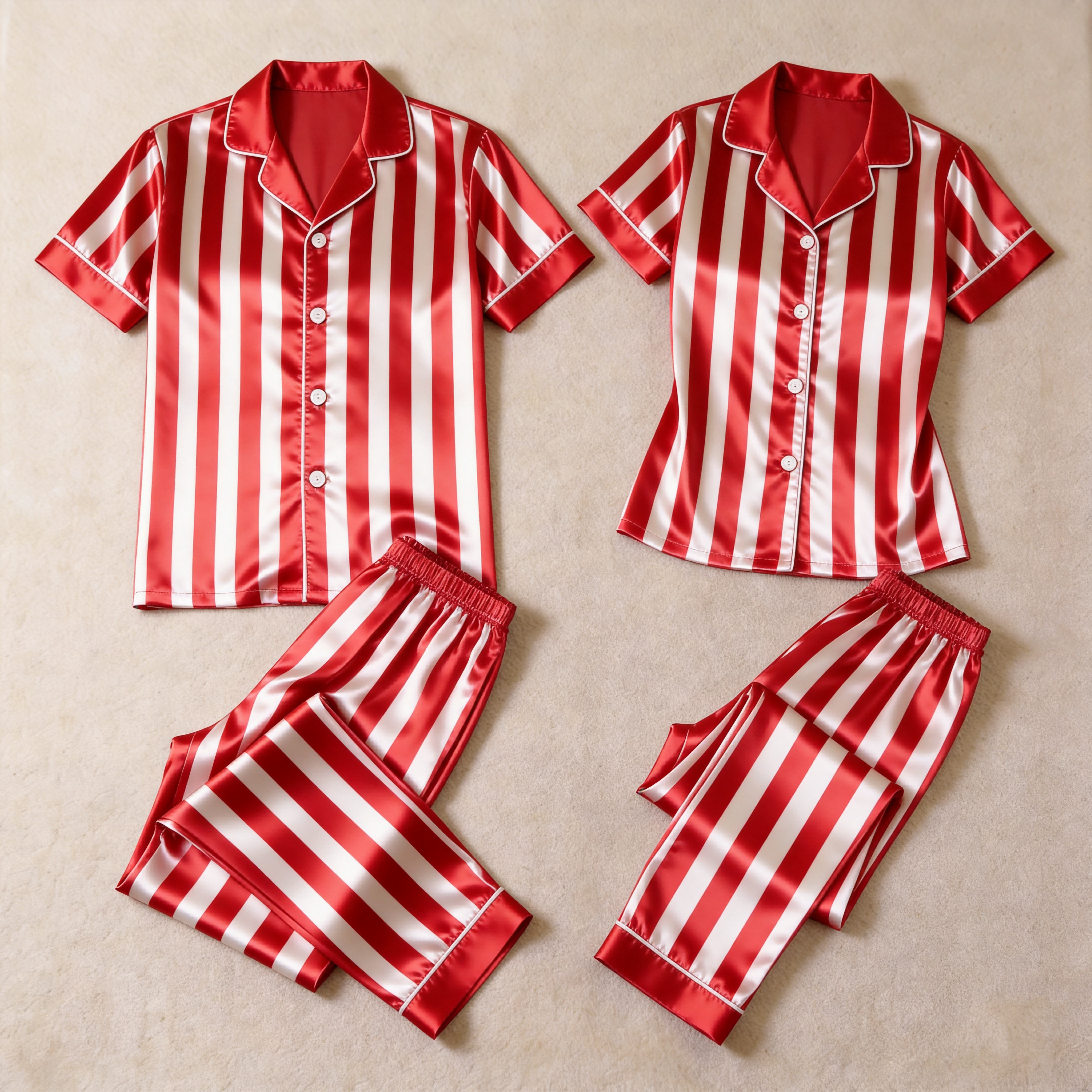 Classic Striped Satin Matching Couple Pajamas – Short Sleeve Button-Down Top & Pants Sleepwear Set