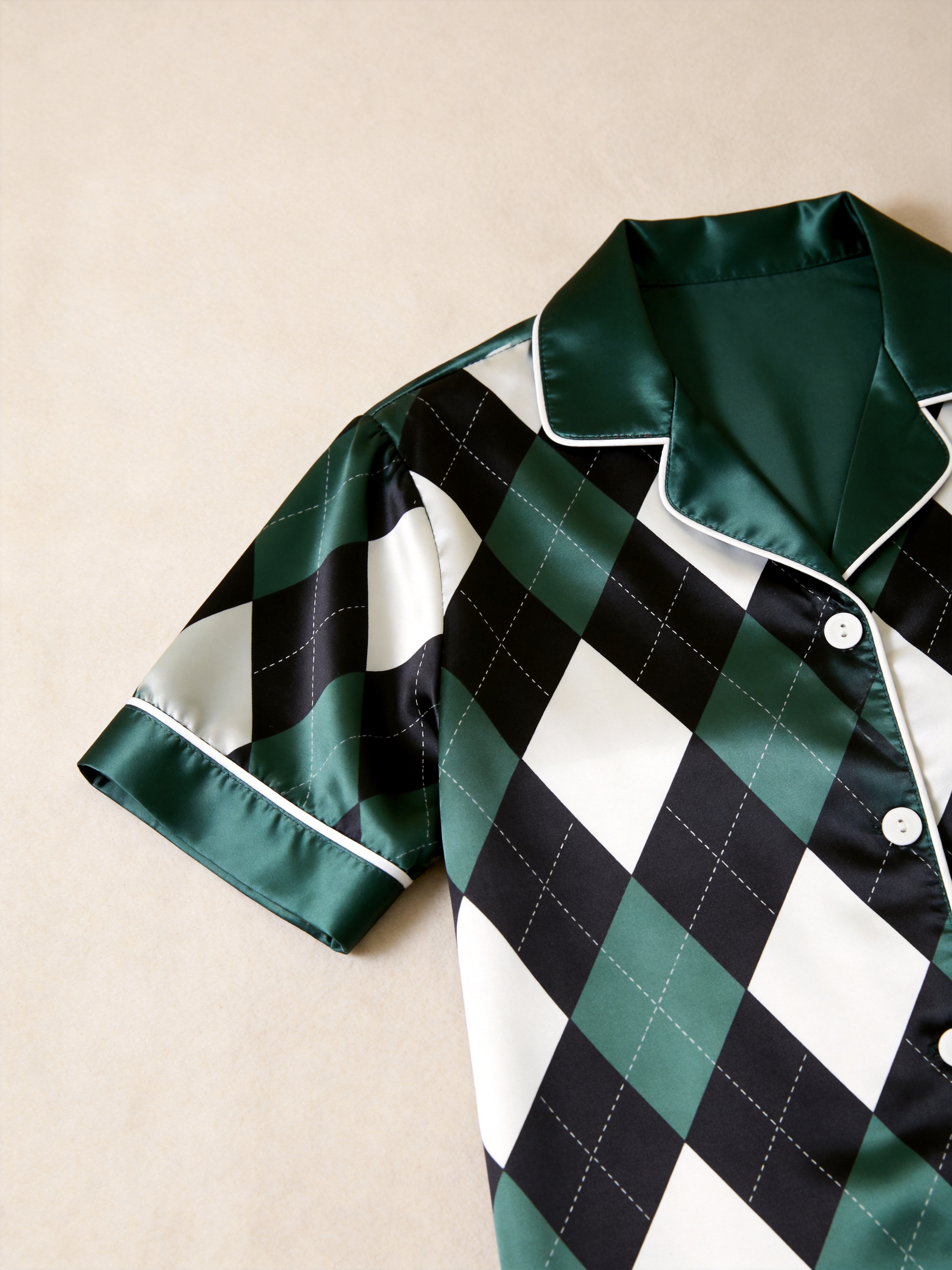 Argyle Satin Matching Pajamas for Couples – Short Sleeve Button-Down Top & Pants Sleepwear Set