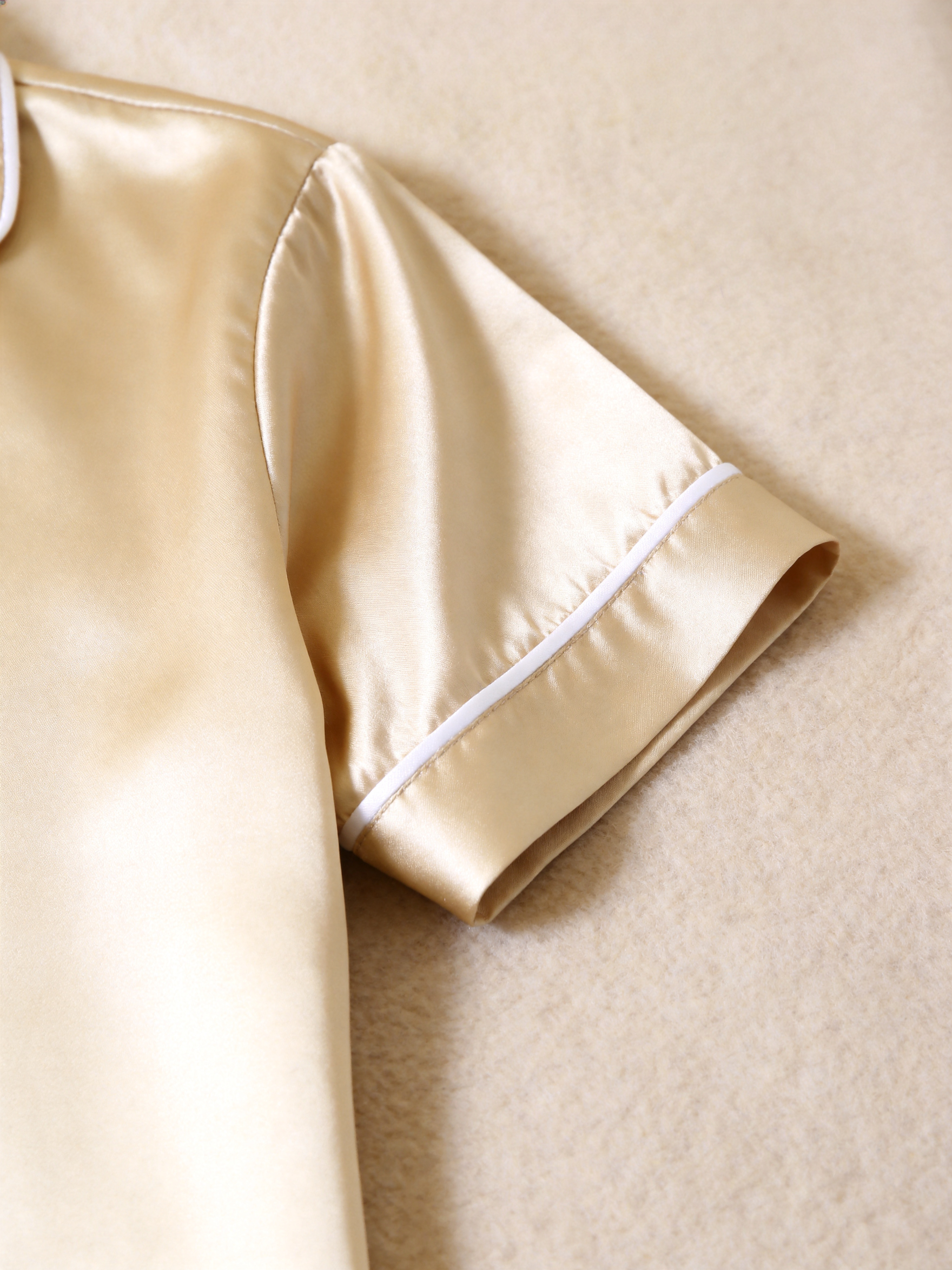 Solid Beige Satin Short Sleeve Couple Button-Down Pajamas