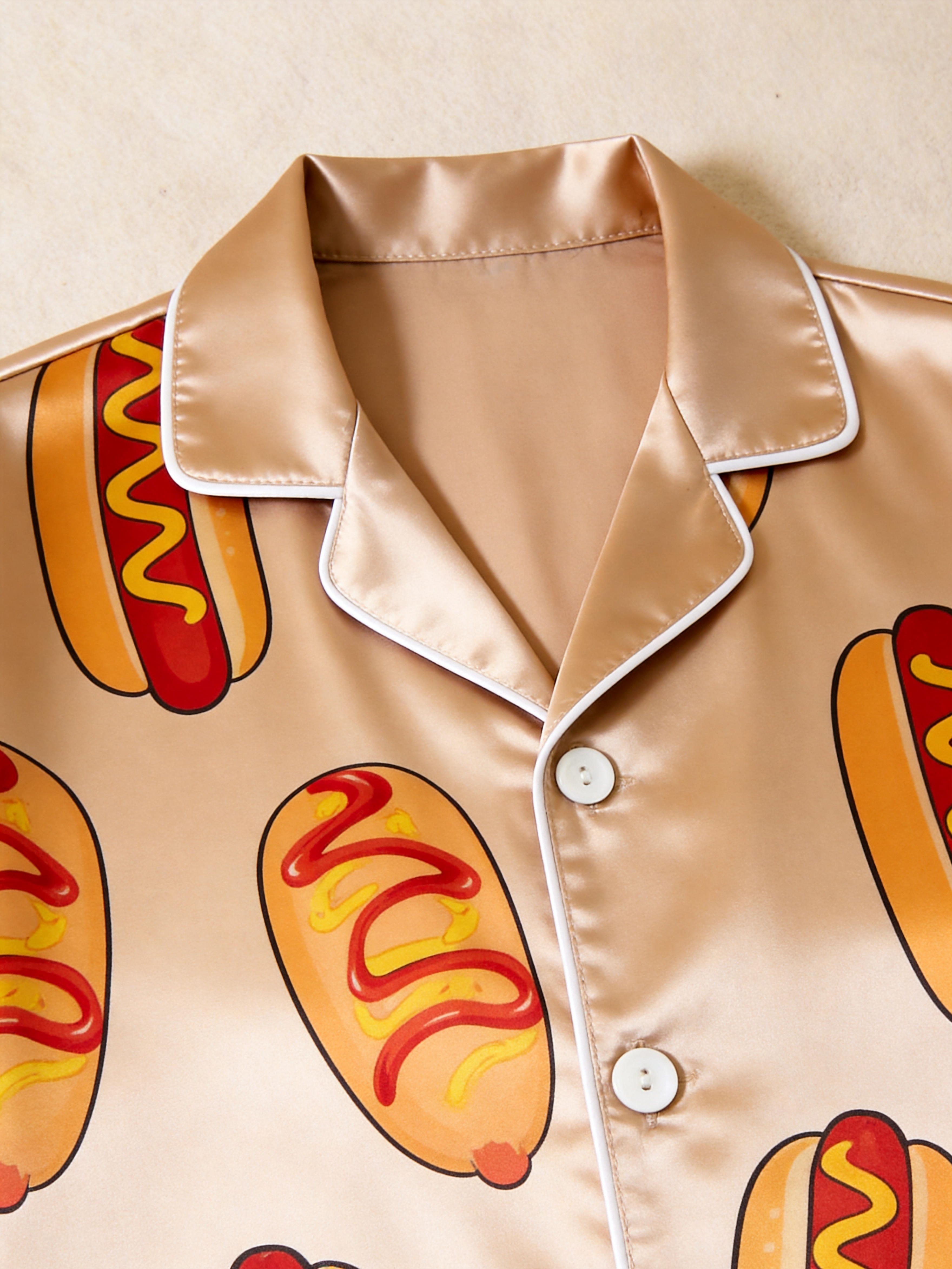Cute Food Print Couple Short Sleeve Satin Button-Down Top & Pants Sleepwear Set