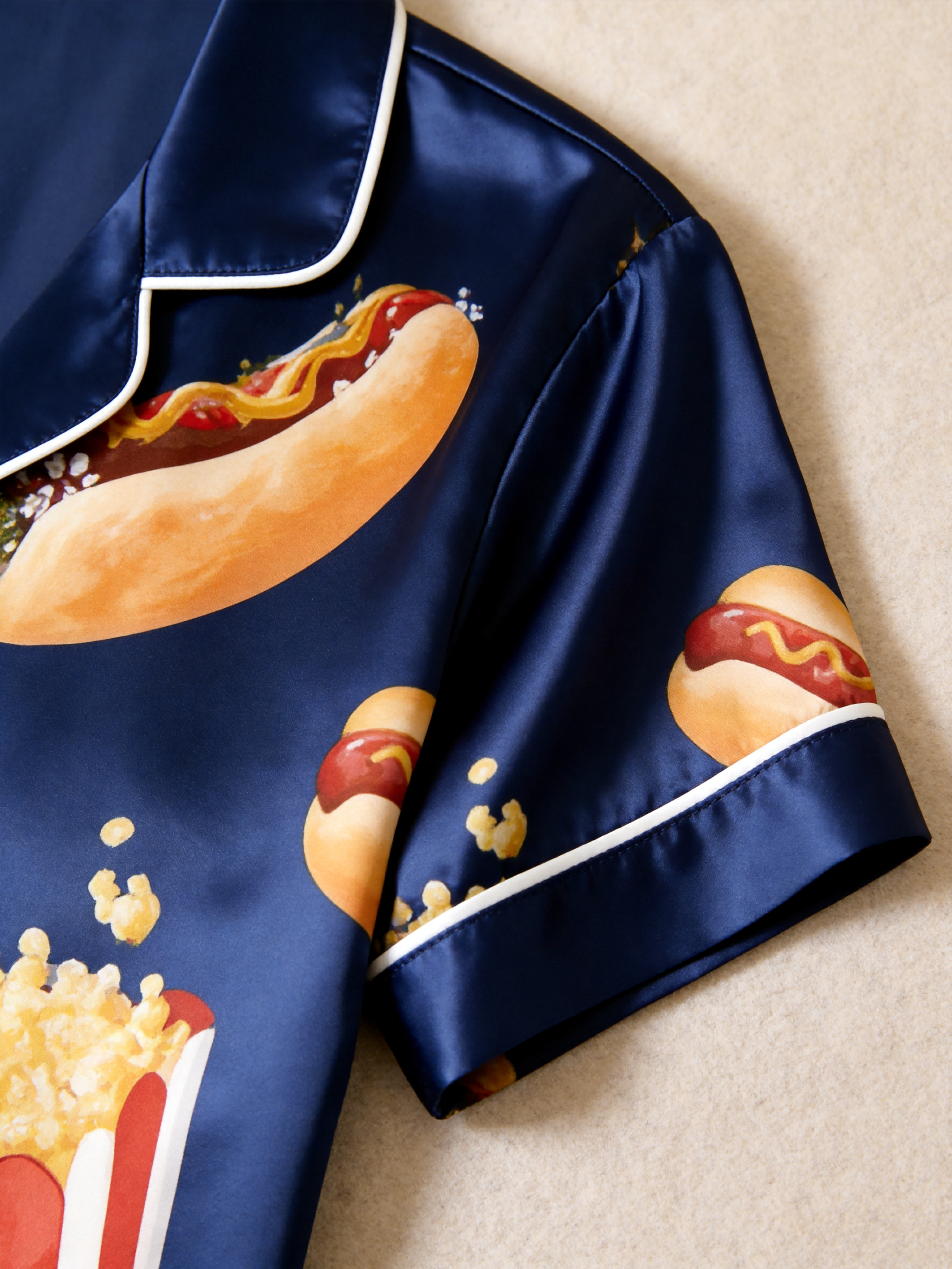 Cute Food Print Couple Short Sleeve Satin Button-Down Top & Pants Sleepwear Set