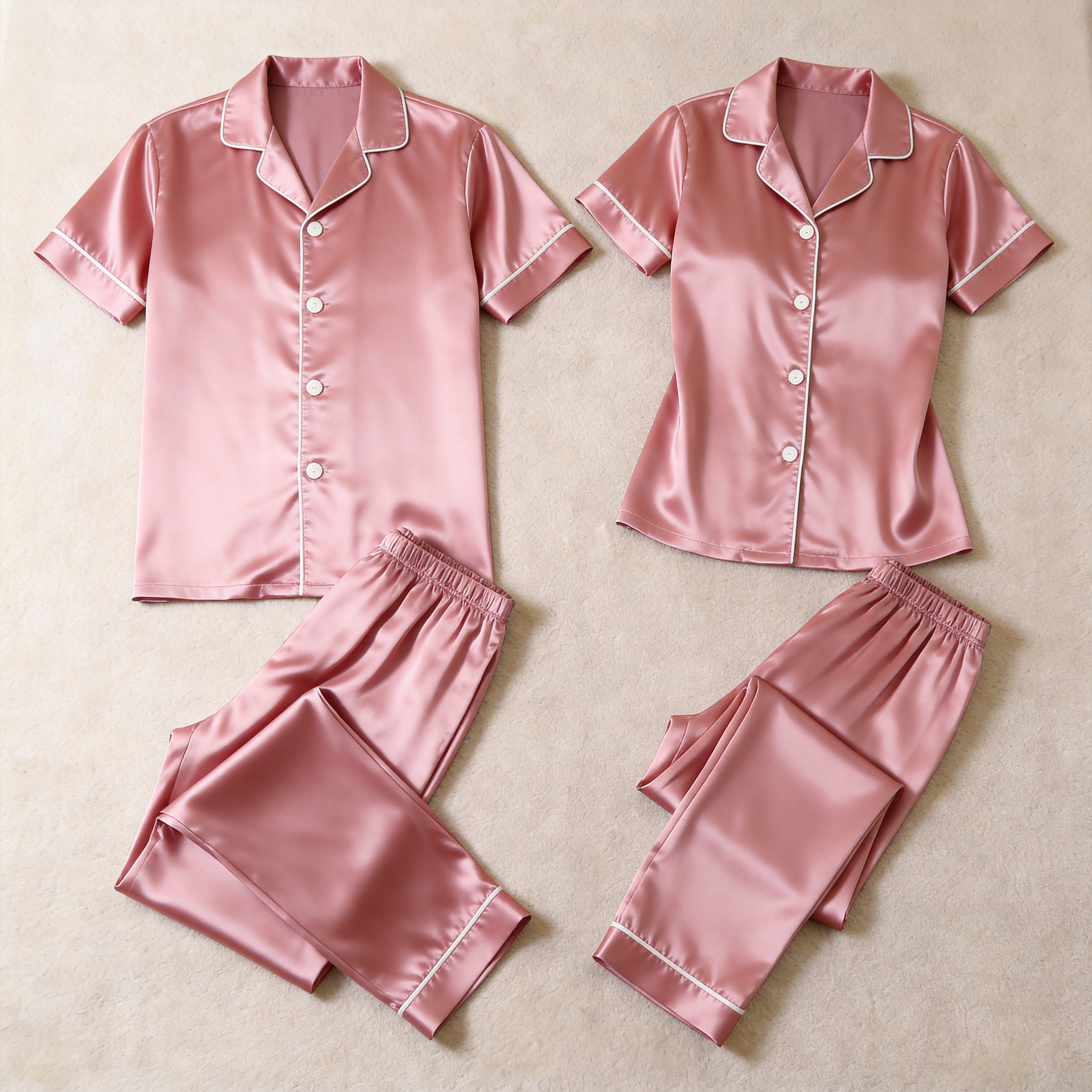 Solid Beige Satin Short Sleeve Couple Button-Down Pajamas