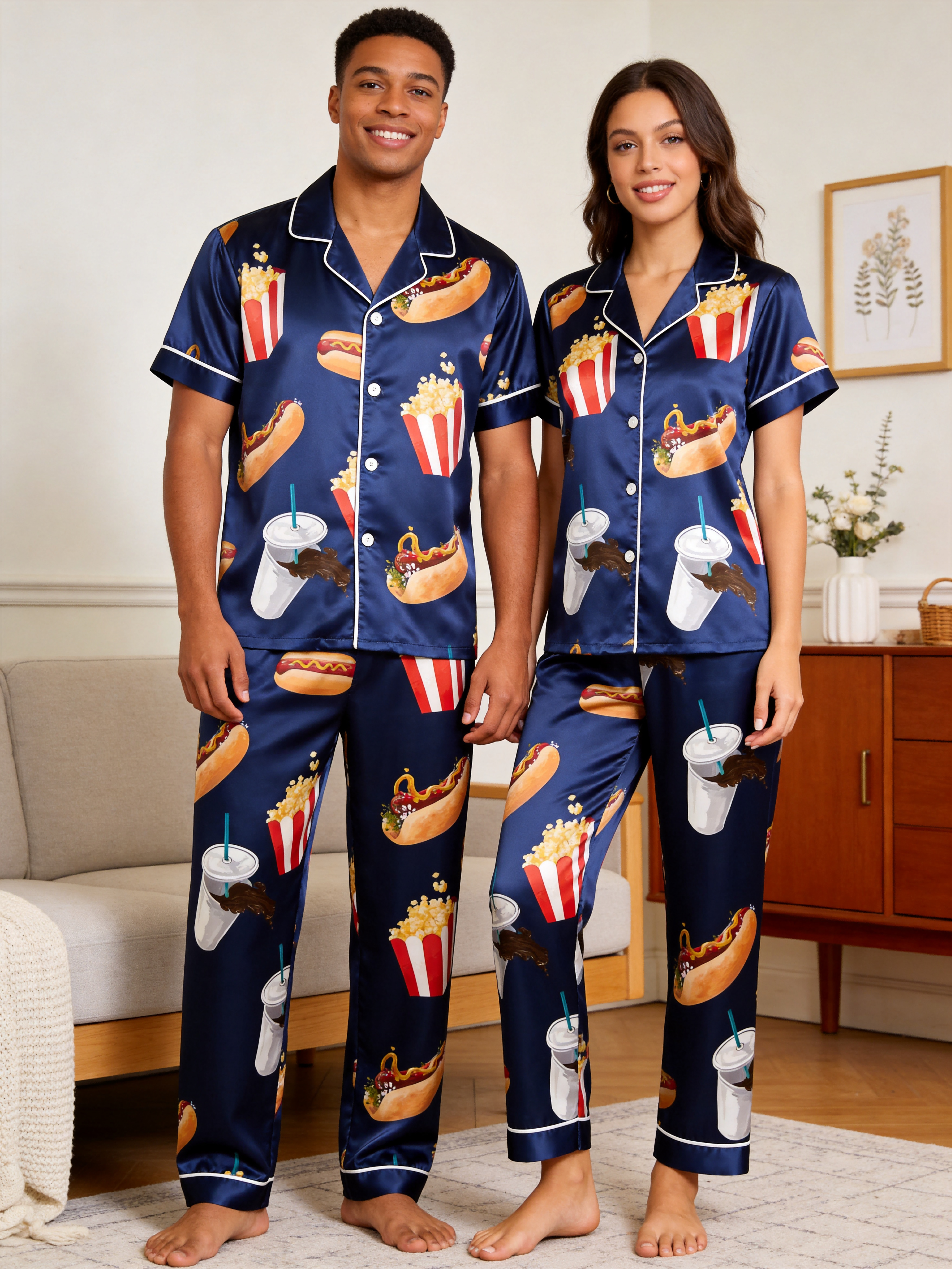 Cute Food Print Couple Short Sleeve Satin Button-Down Top & Pants Sleepwear Set
