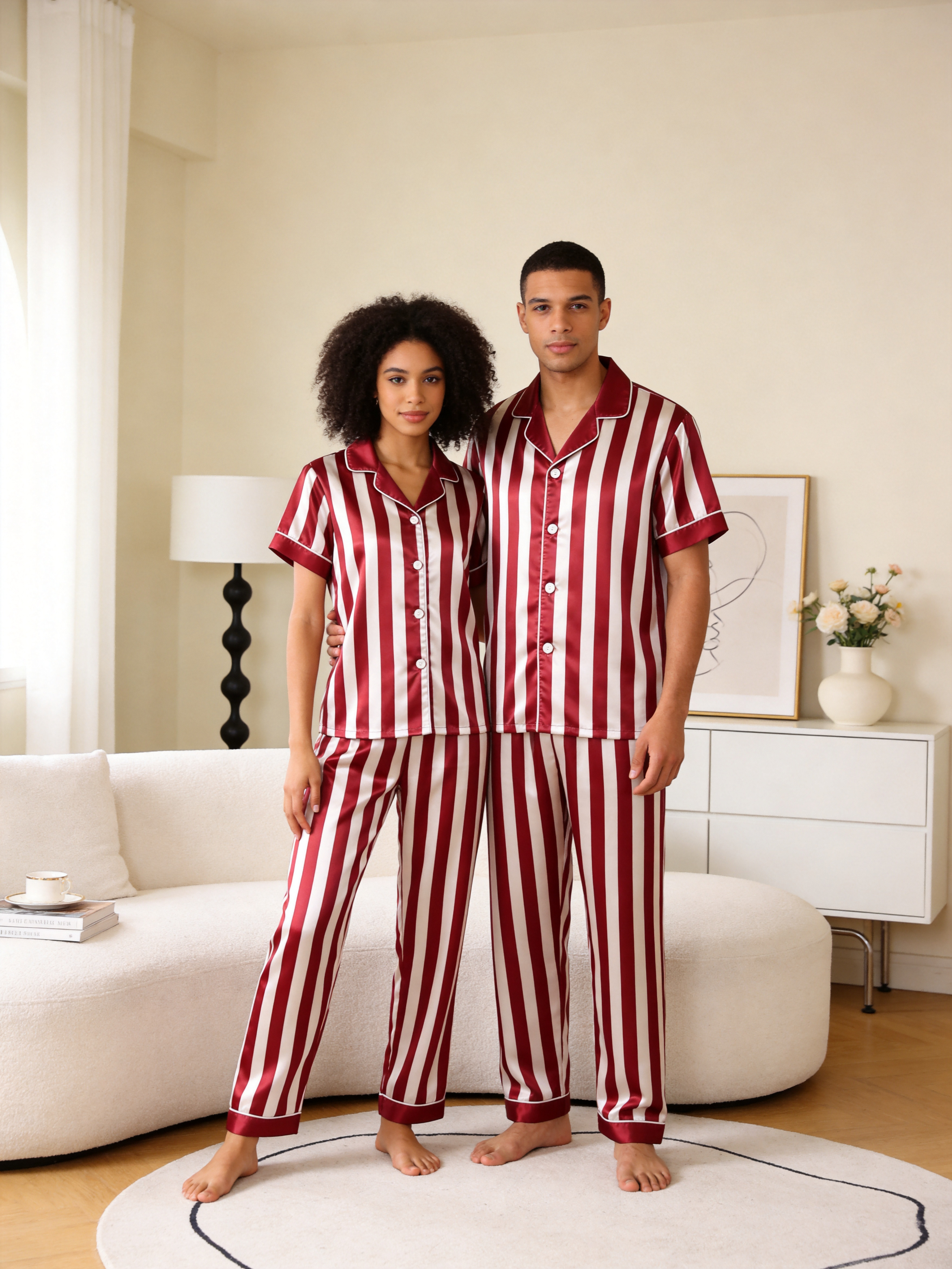 Classic Striped Satin Matching Couple Pajamas – Short Sleeve Button-Down Top & Pants Sleepwear Set