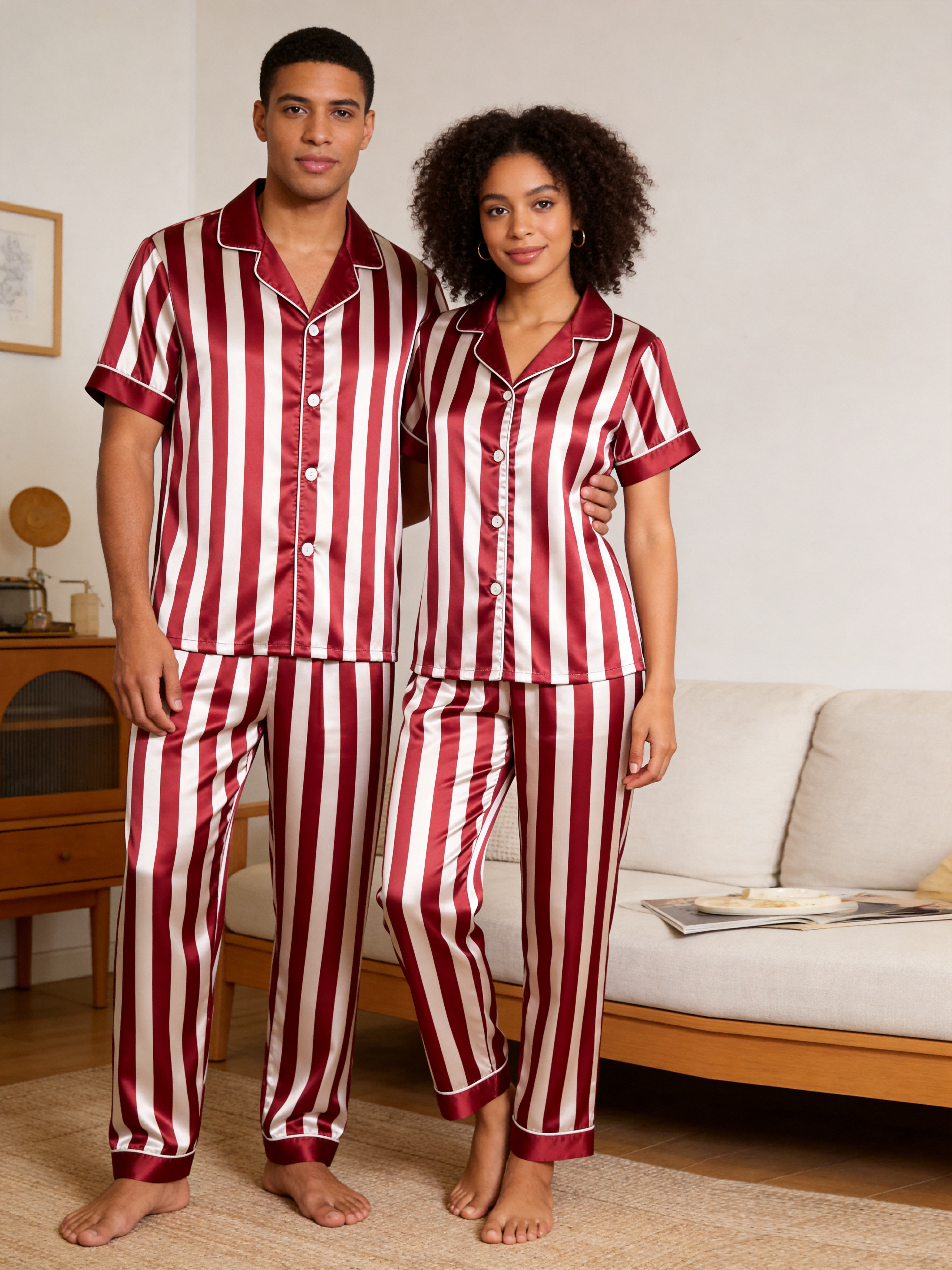Classic Striped Satin Matching Couple Pajamas – Short Sleeve Button-Down Top & Pants Sleepwear Set