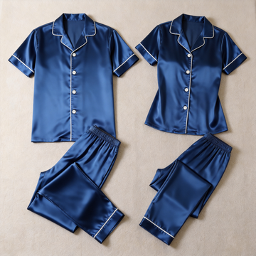 Solid Navy Blue Satin Short Sleeve Couple Button-Down Pajamas