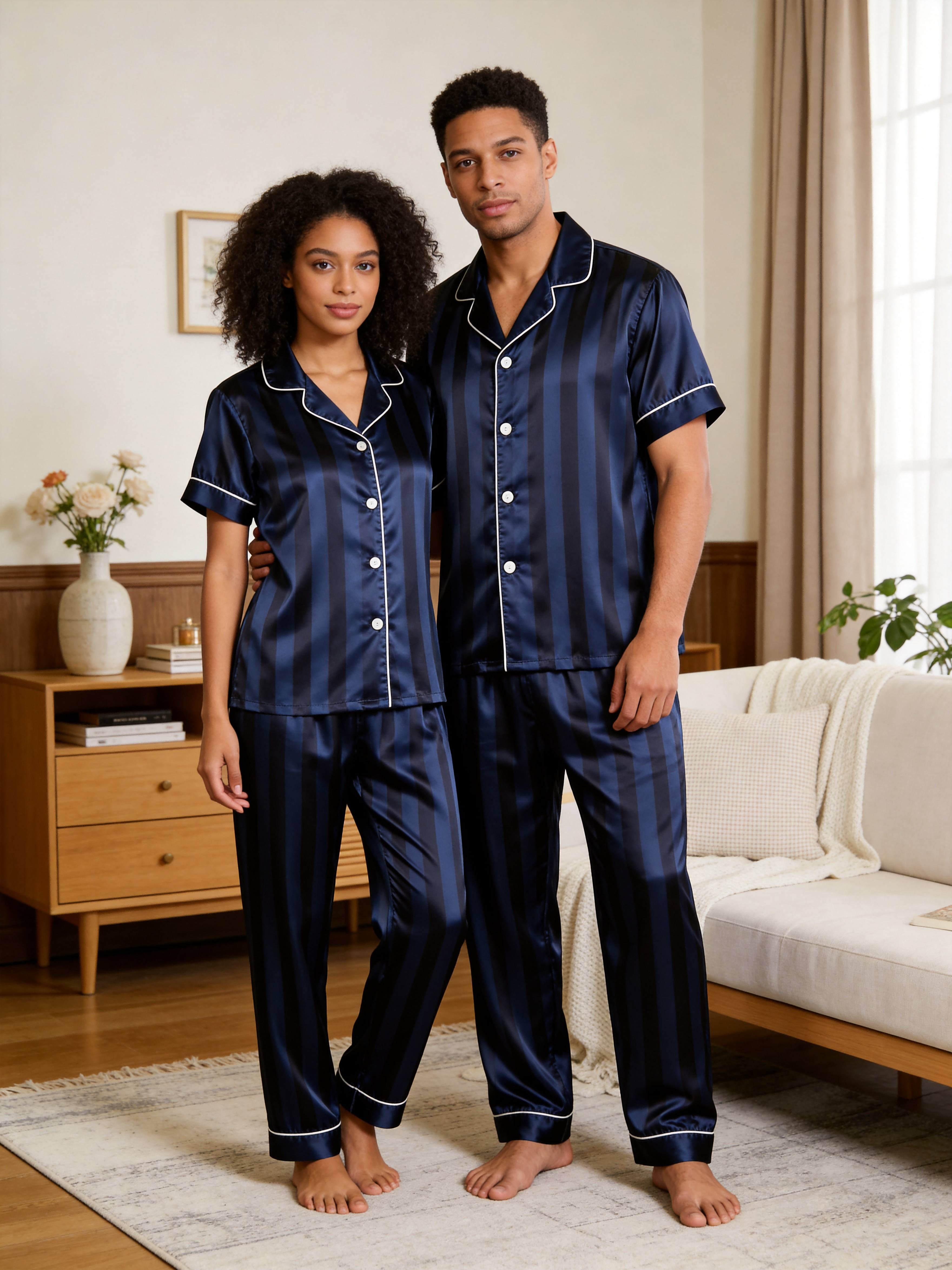 Luxury Vertical Stripe Satin Couples Pajamas