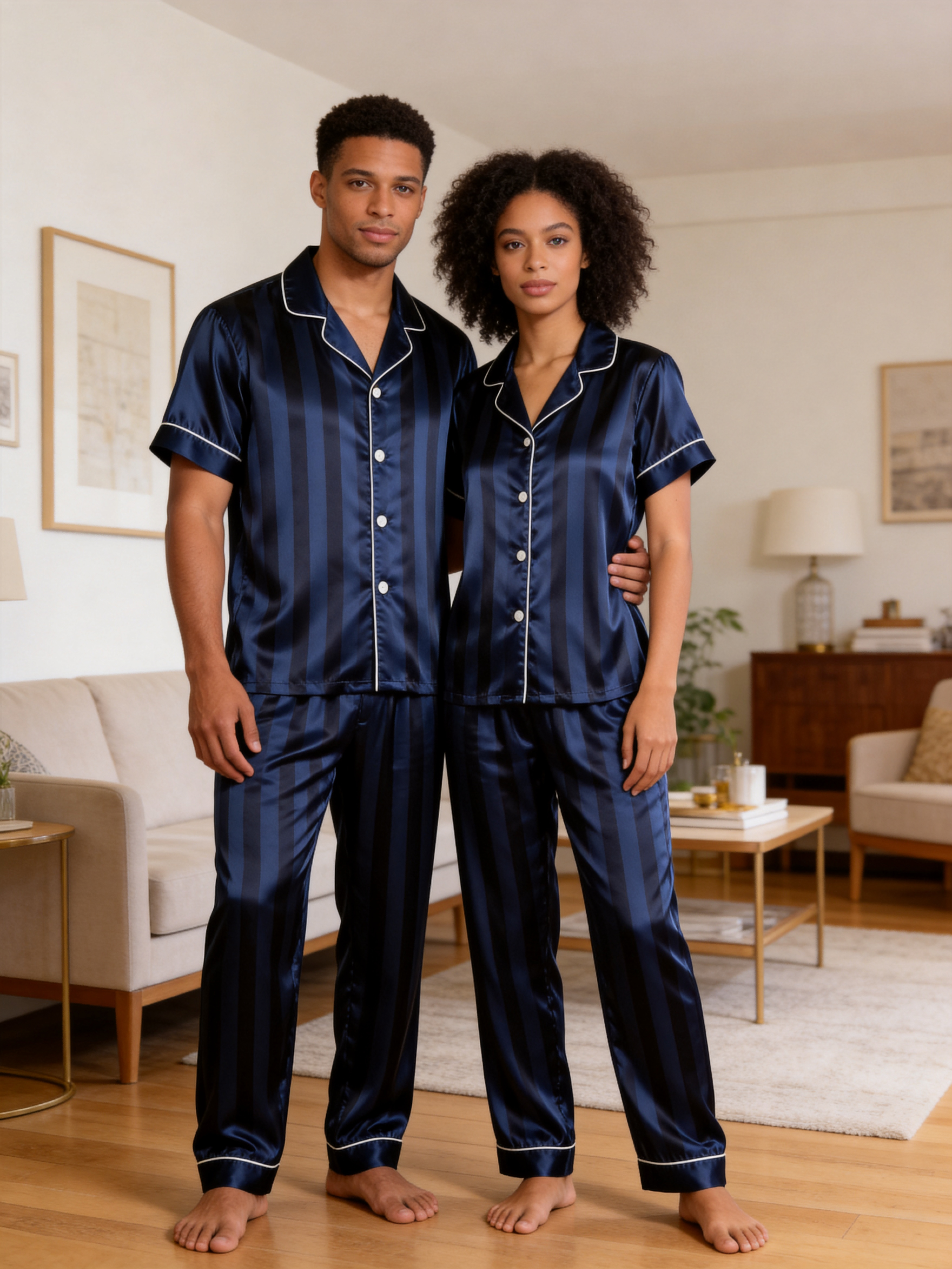Luxury Vertical Stripe Satin Couples Pajamas