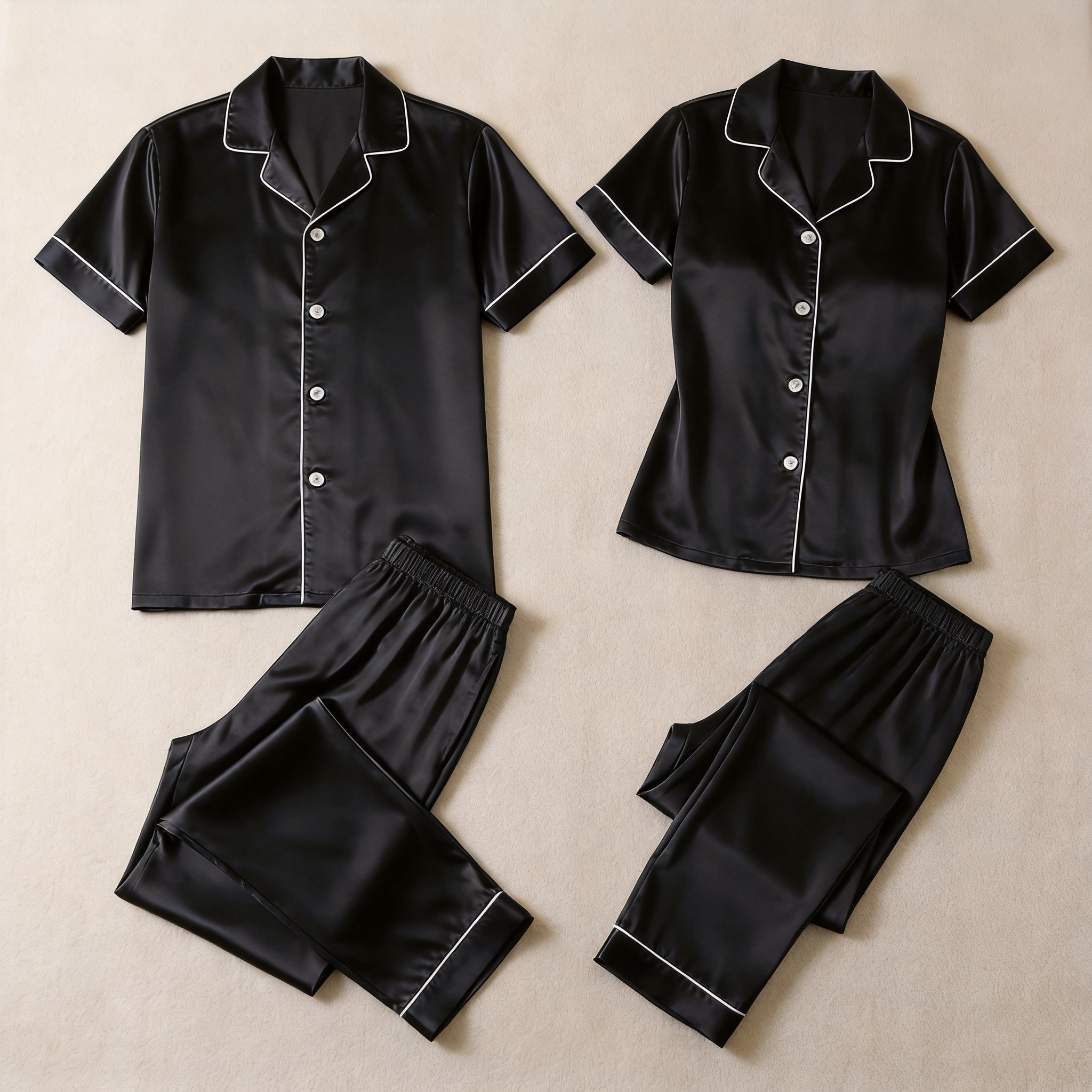 Solid Beige Satin Short Sleeve Couple Button-Down Pajamas