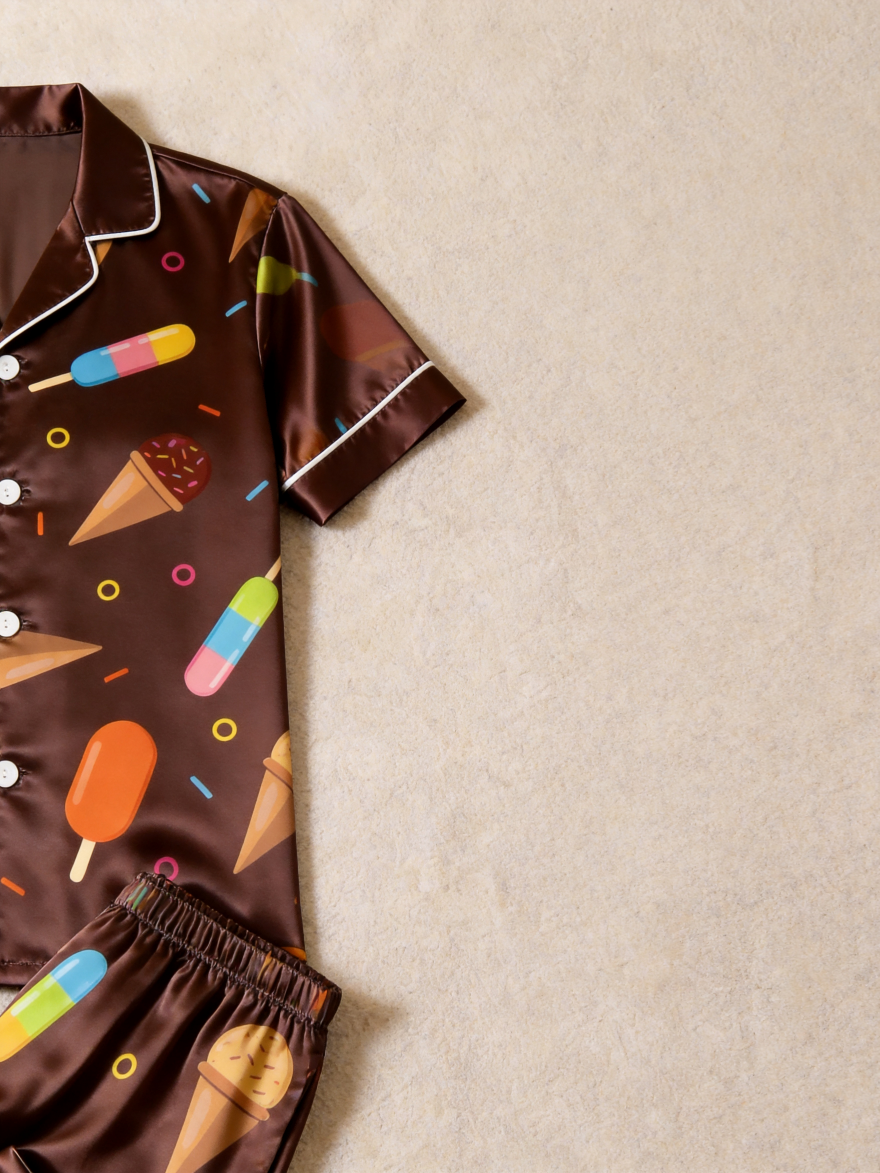 Cute Food Print Couple Short Sleeve Satin Button-Down Top & Pants Sleepwear Set