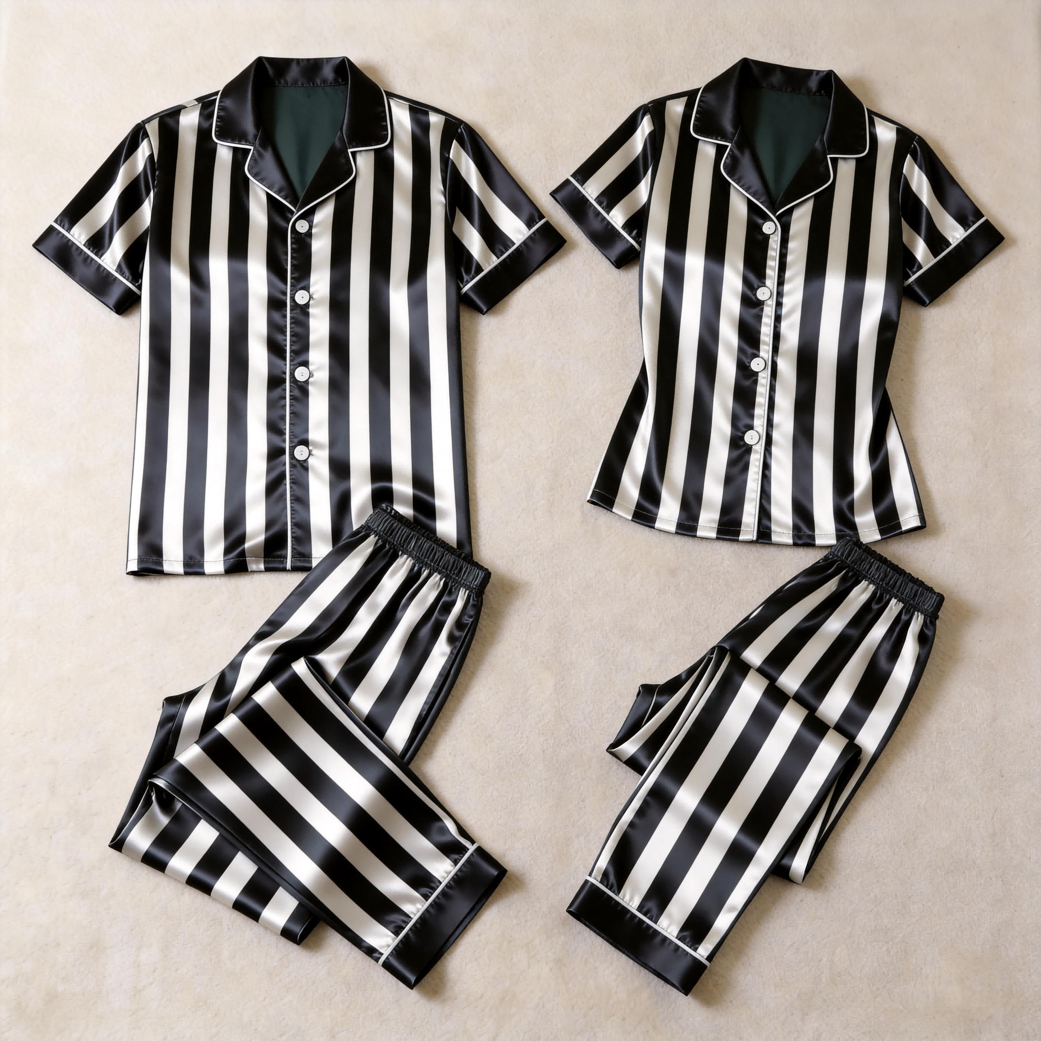 Classic Striped Satin Matching Couple Pajamas – Short Sleeve Button-Down Top & Pants Sleepwear Set