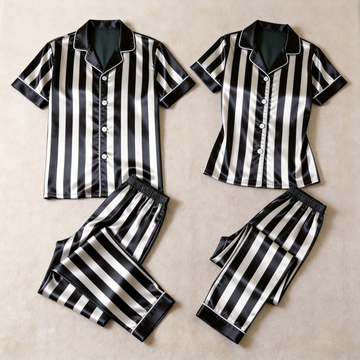 Classic Black & White Striped Satin Matching Couple Pajamas – Short Sleeve Button-Down Top & Pants Sleepwear Set