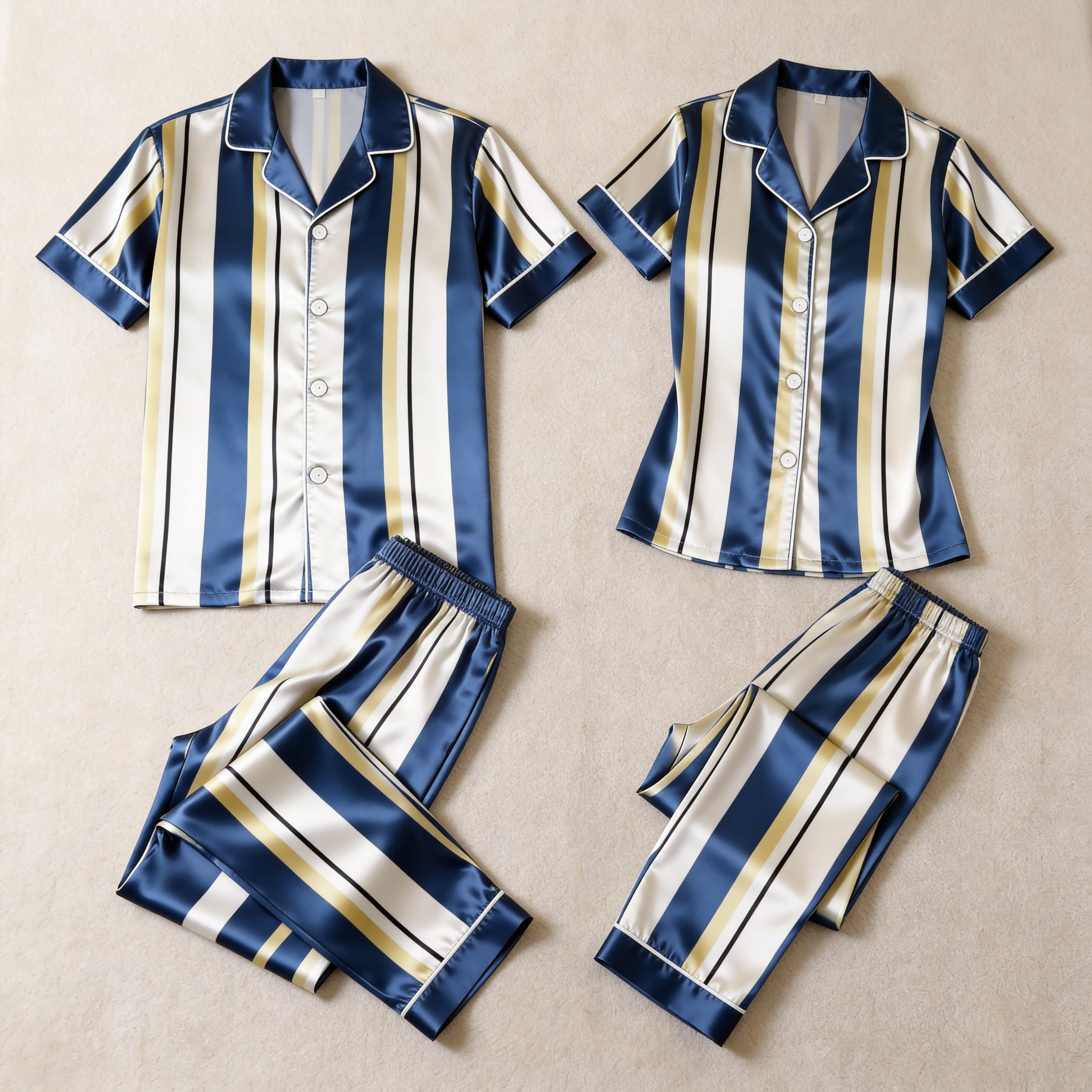 Vertical Stripe Short Sleeve Notched Collar Button-Down Shirt and Long Pants Nightwear