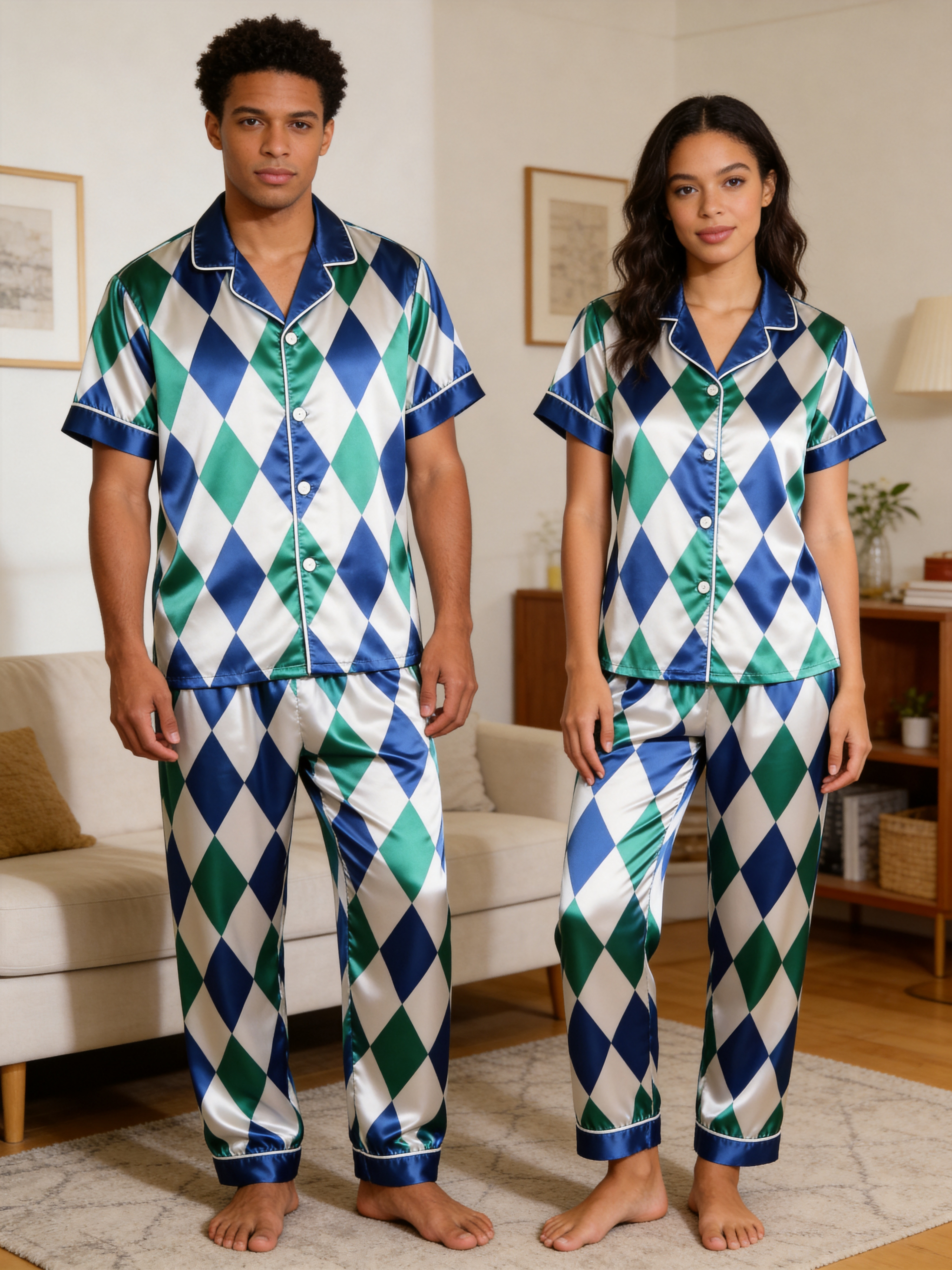 Argyle Satin Matching Pajamas for Couples – Short Sleeve Button-Down Top & Pants Sleepwear Set