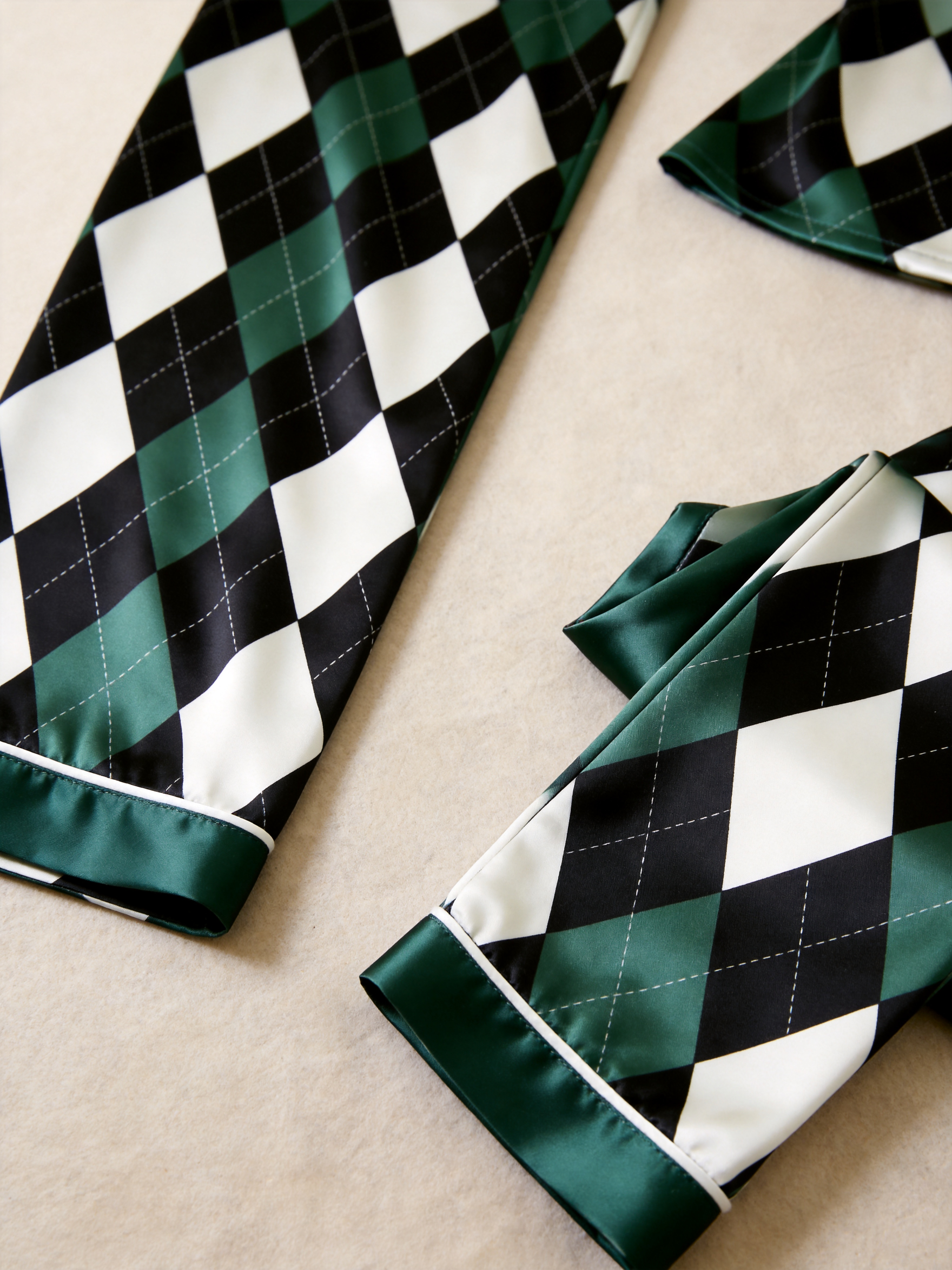 Argyle Satin Matching Pajamas for Couples – Short Sleeve Button-Down Top & Pants Sleepwear Set