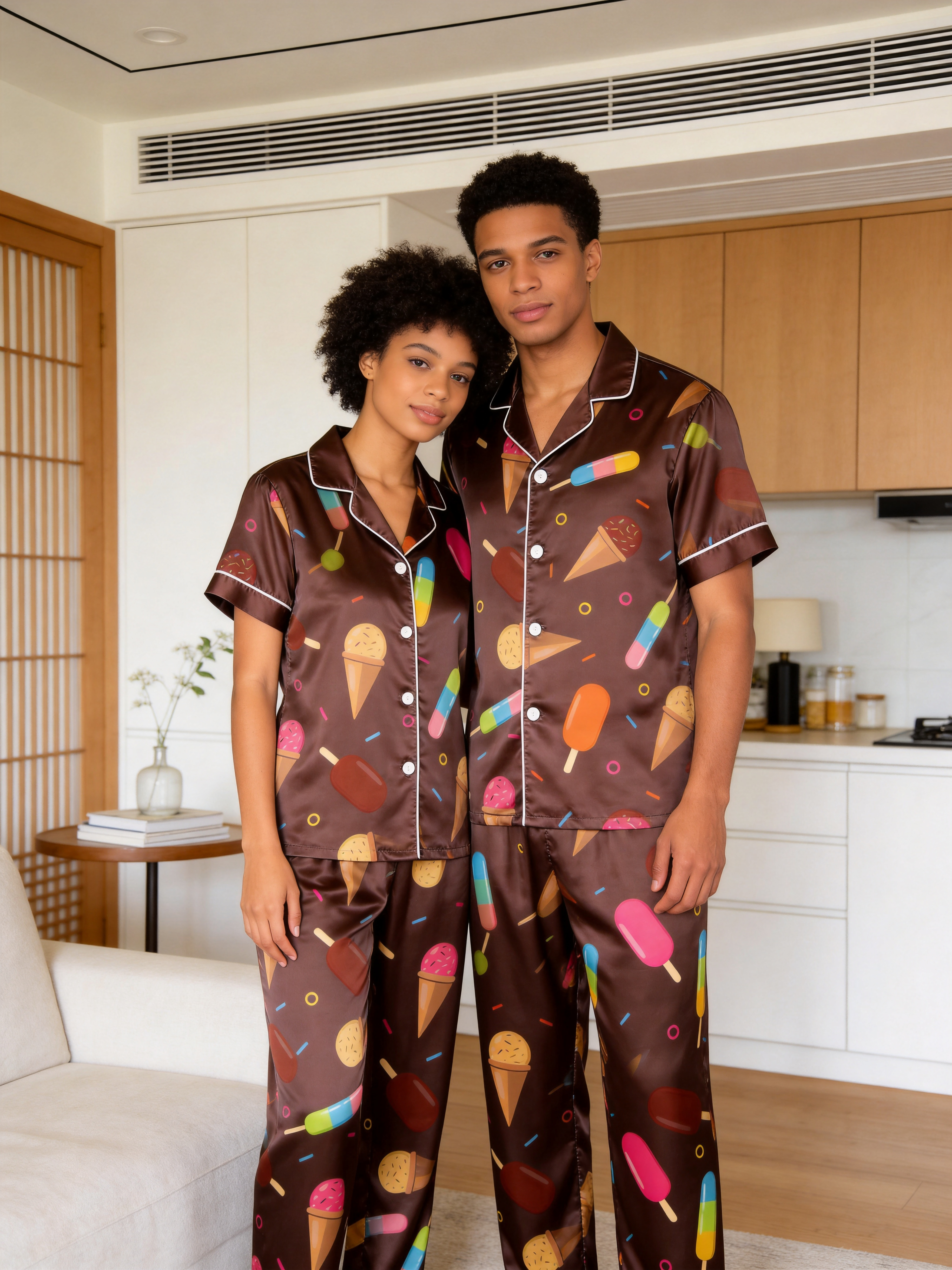 Cute Food Print Couple Short Sleeve Satin Button-Down Top & Pants Sleepwear Set