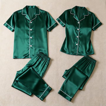 Solid Satin Short Sleeve Couple Button-Down Pajamas
