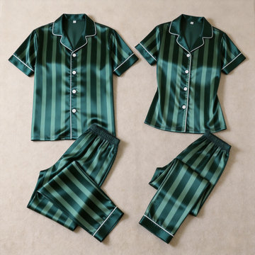 Luxury Vertical Green Stripe Satin Couples Pajamas