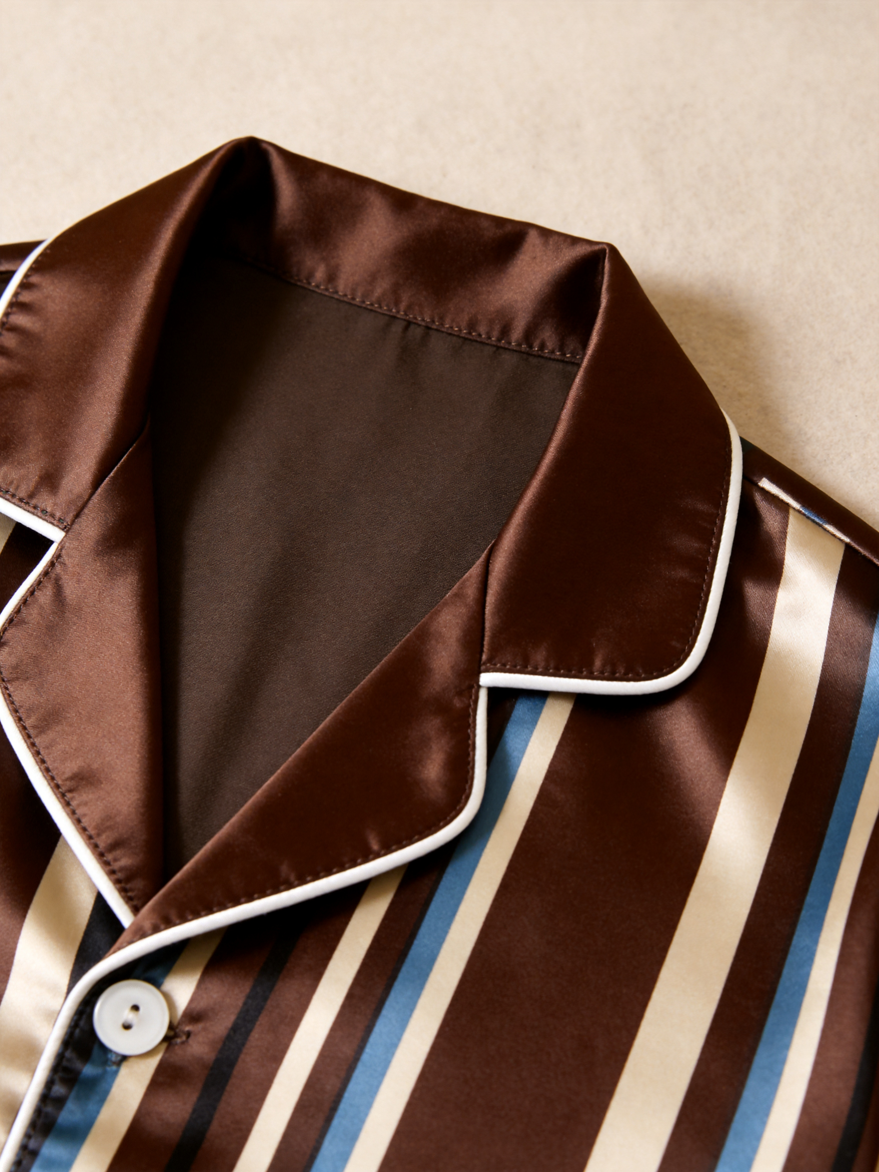 Vertical Stripe Short Sleeve Notched Collar Button-Down Shirt and Long Pants Nightwear