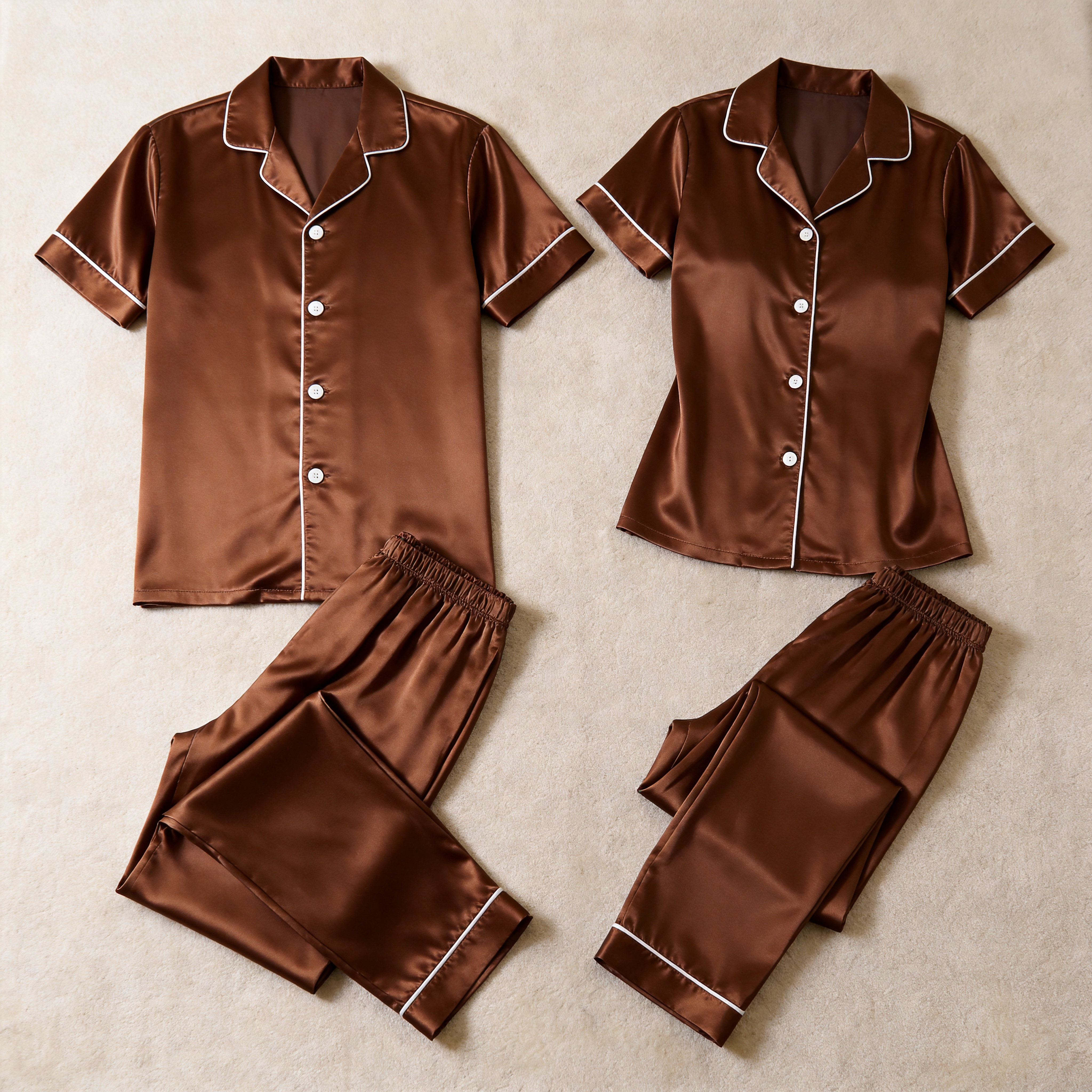 Solid Beige Satin Short Sleeve Couple Button-Down Pajamas