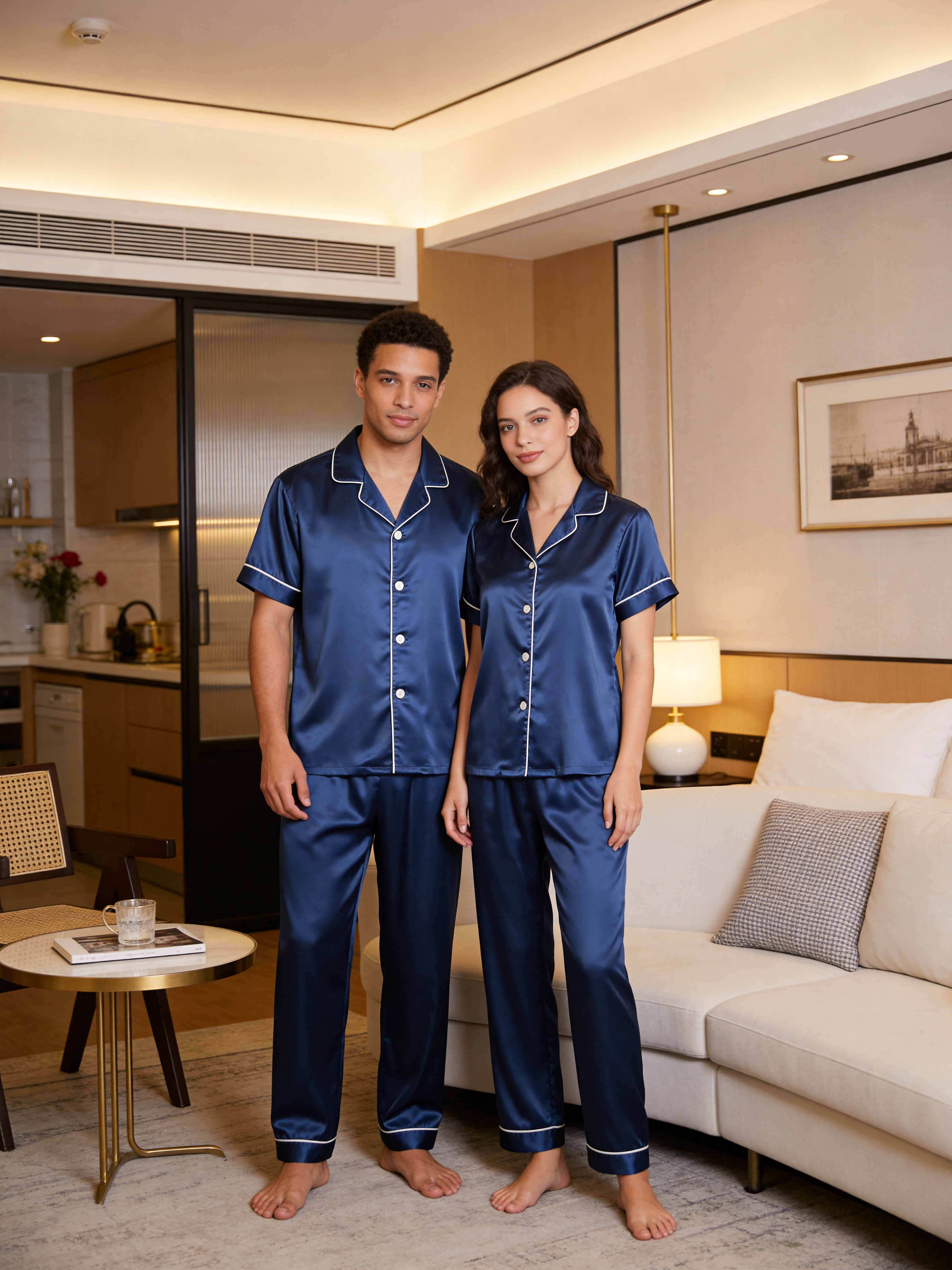 Solid Navy Blue Satin Short Sleeve Couple Button-Down Pajamas