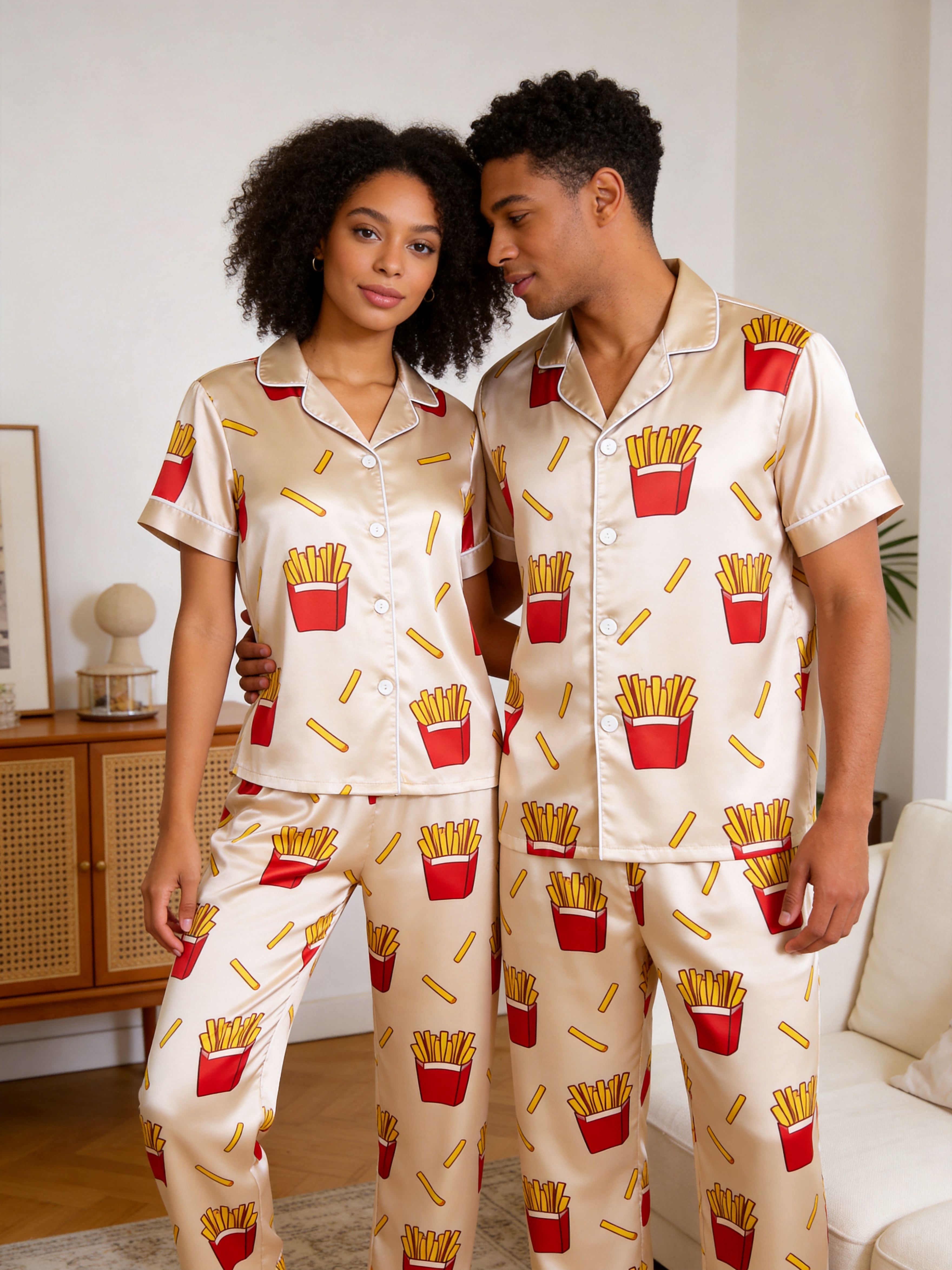 Cute Food Print Couple Short Sleeve Satin Button-Down Top & Pants Sleepwear Set