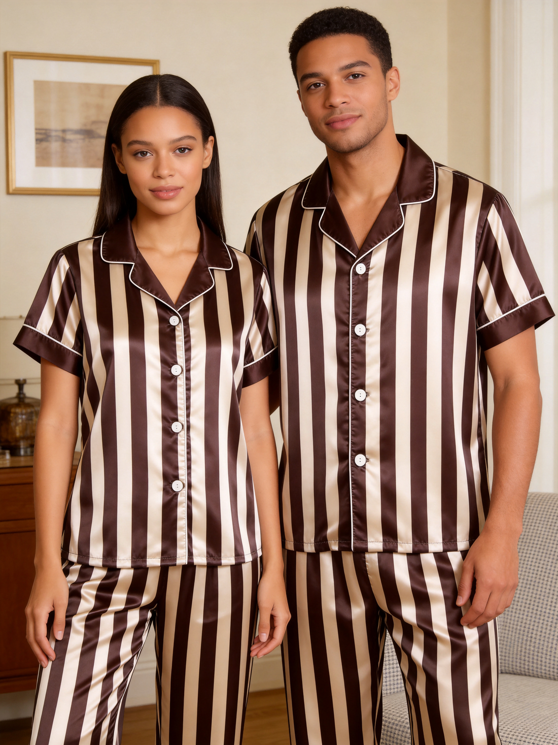 Classic Striped Satin Matching Couple Pajamas – Short Sleeve Button-Down Top & Pants Sleepwear Set