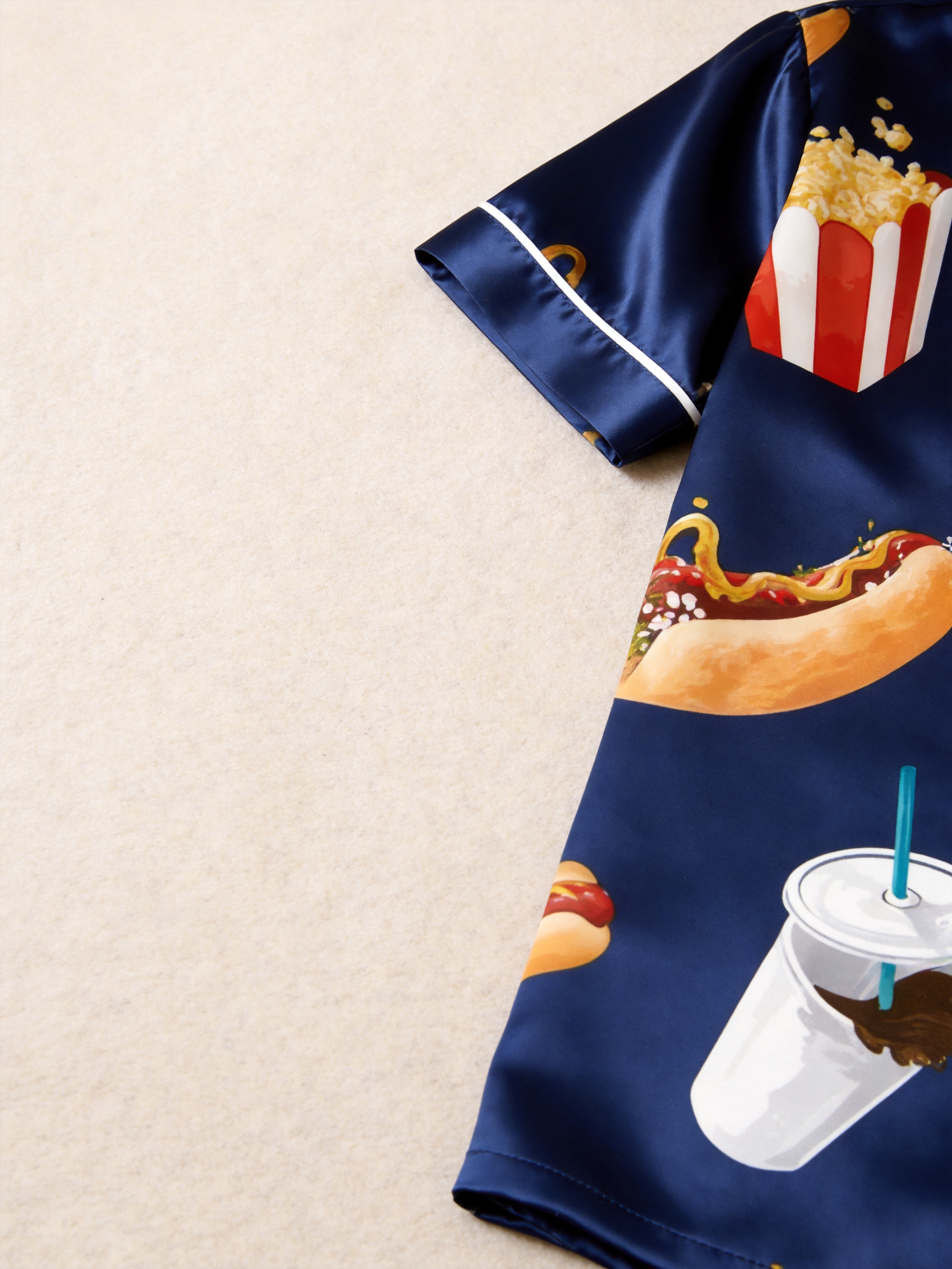Cute Food Print Couple Short Sleeve Satin Button-Down Top & Pants Sleepwear Set
