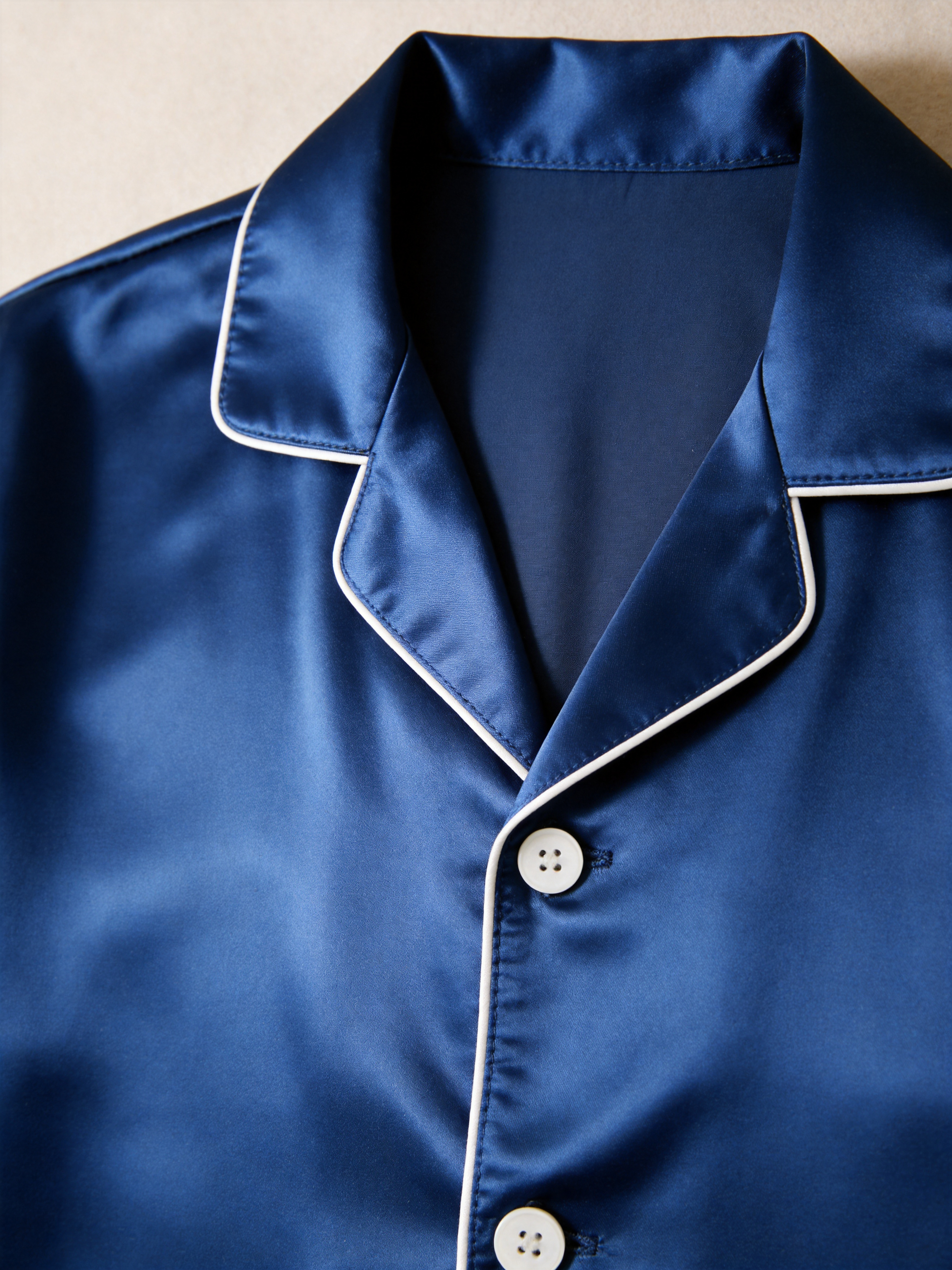 Solid Navy Blue Satin Short Sleeve Couple Button-Down Pajamas