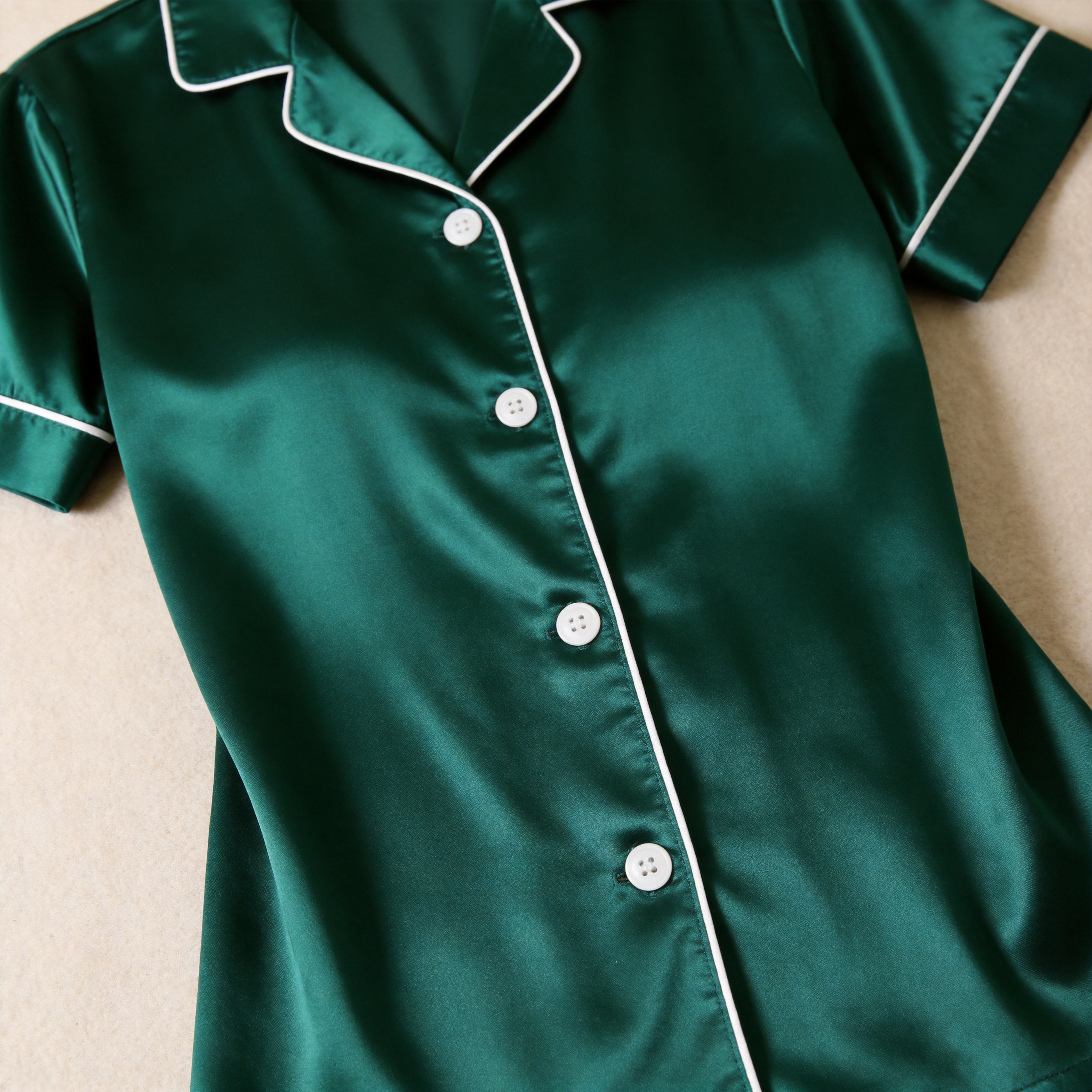 Solid Satin Short Sleeve Couple Button-Down Pajamas