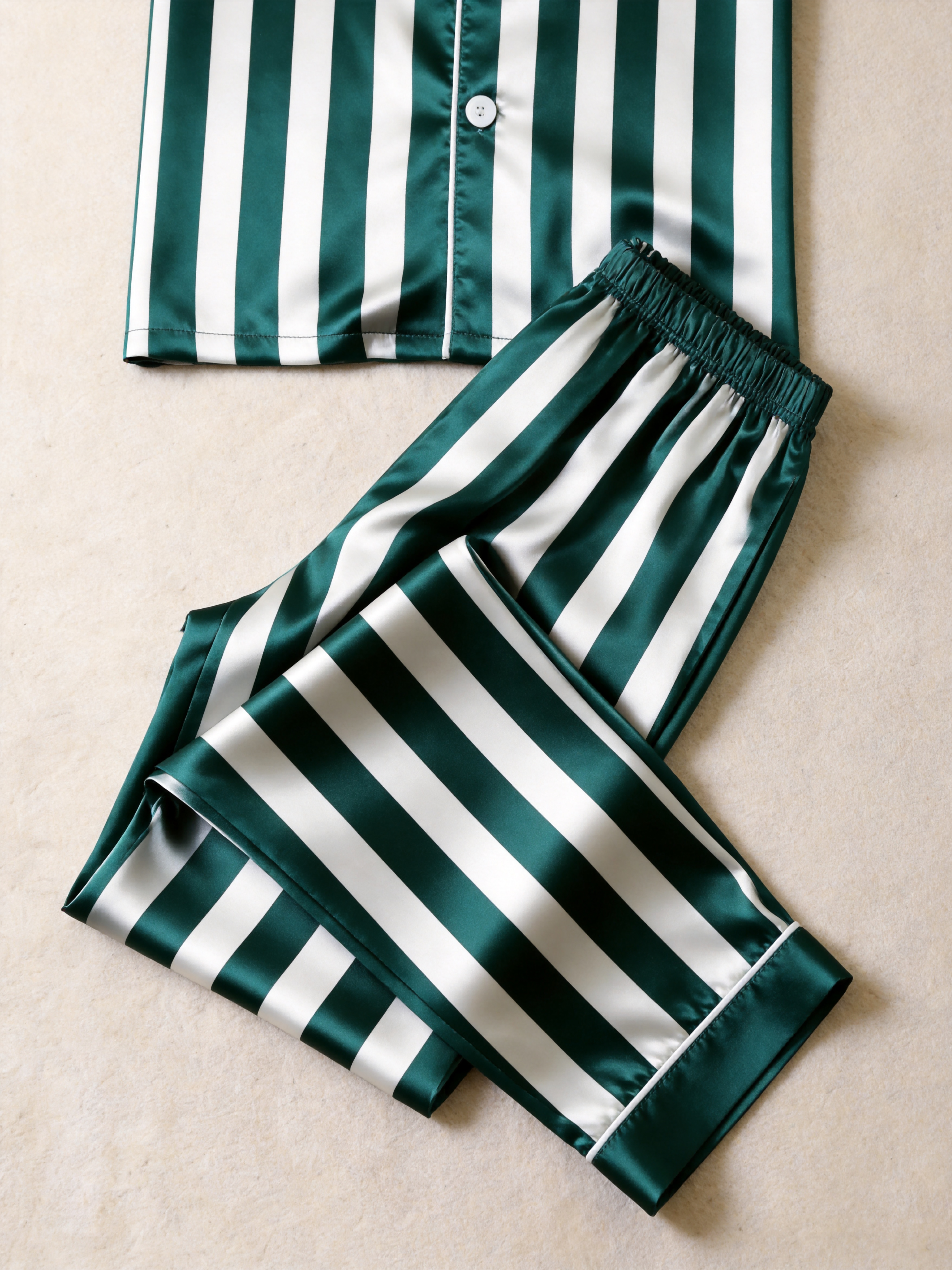 Classic Striped Satin Matching Couple Pajamas – Short Sleeve Button-Down Top & Pants Sleepwear Set