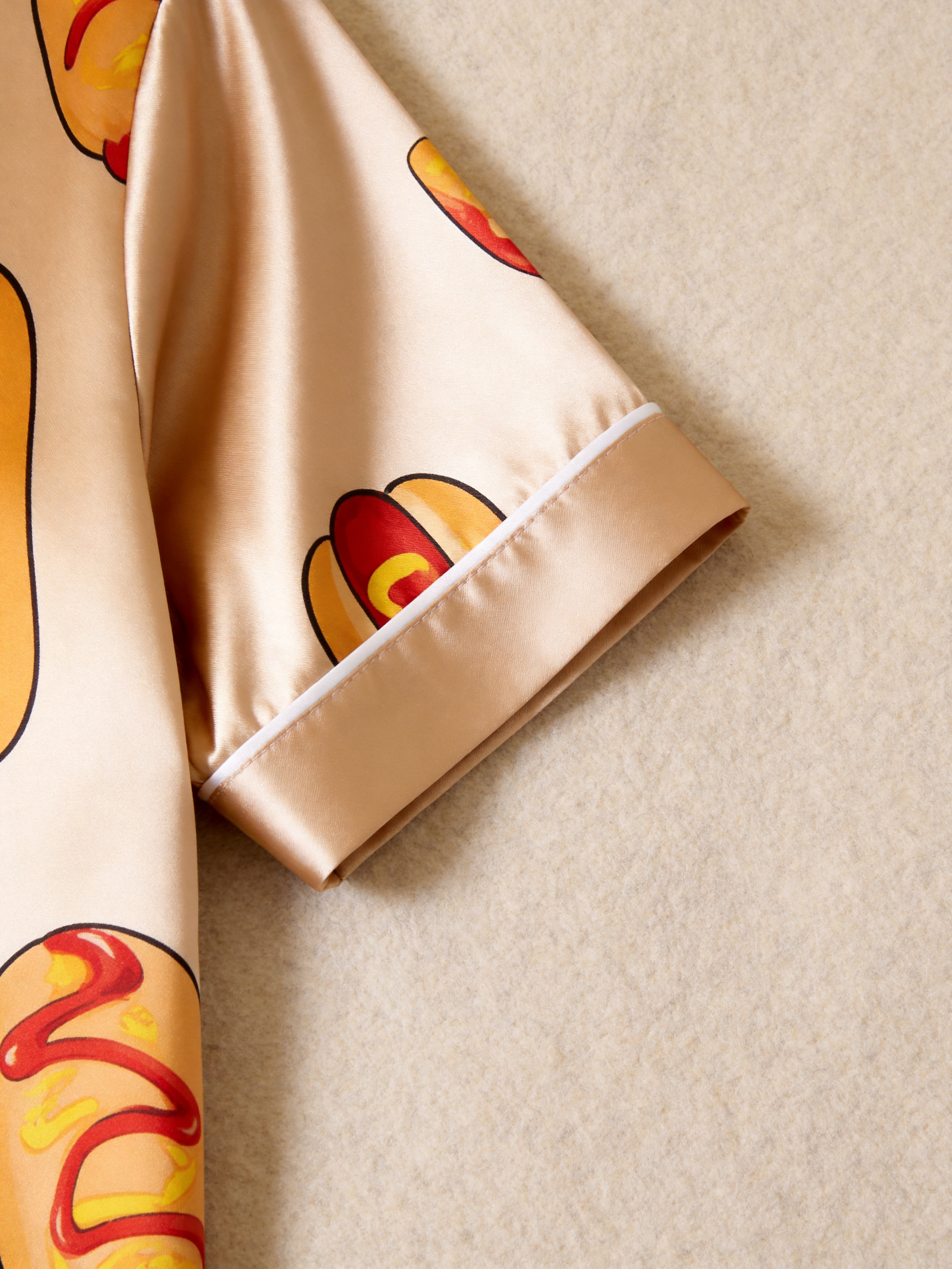 Cute Food Print Couple Short Sleeve Satin Button-Down Top & Pants Sleepwear Set