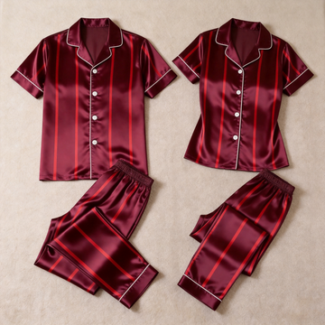 Luxury Vertical Burgundy Stripe Satin Couples Pajamas