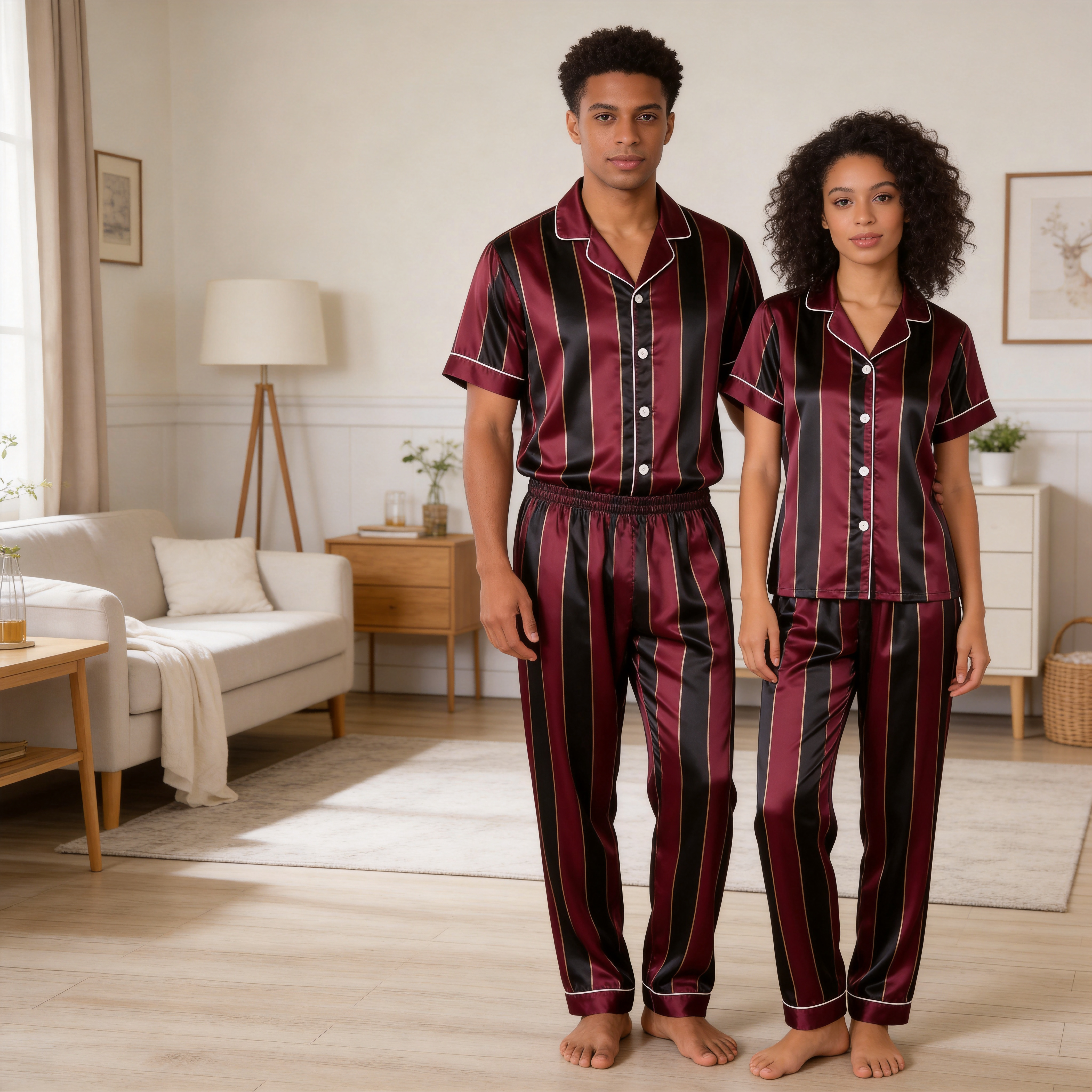 Vertical Stripe Short Sleeve Notched Collar Button-Down Shirt and Long Pants Nightwear