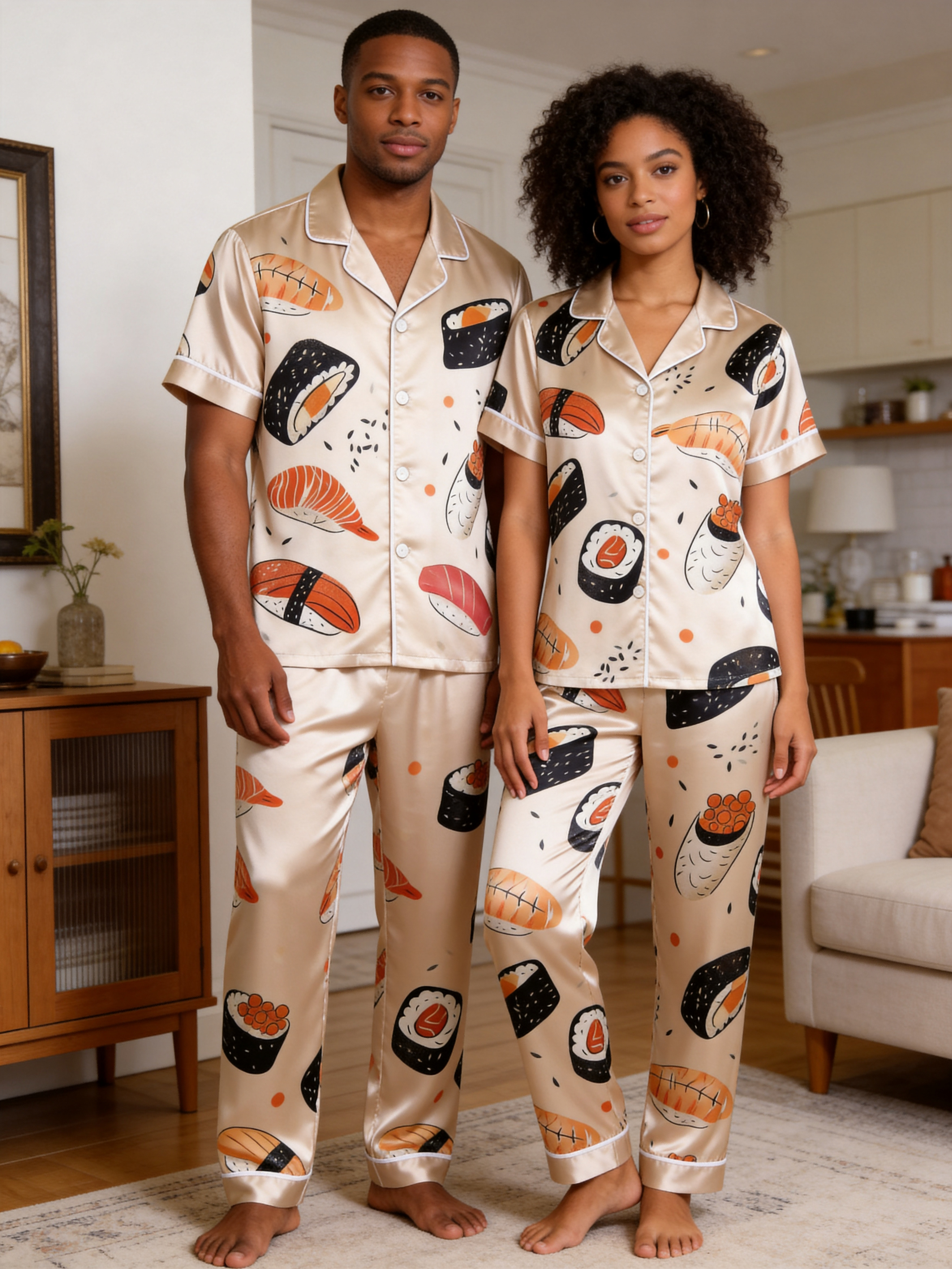 Cute Food Print Couple Short Sleeve Satin Button-Down Top & Pants Sleepwear Set