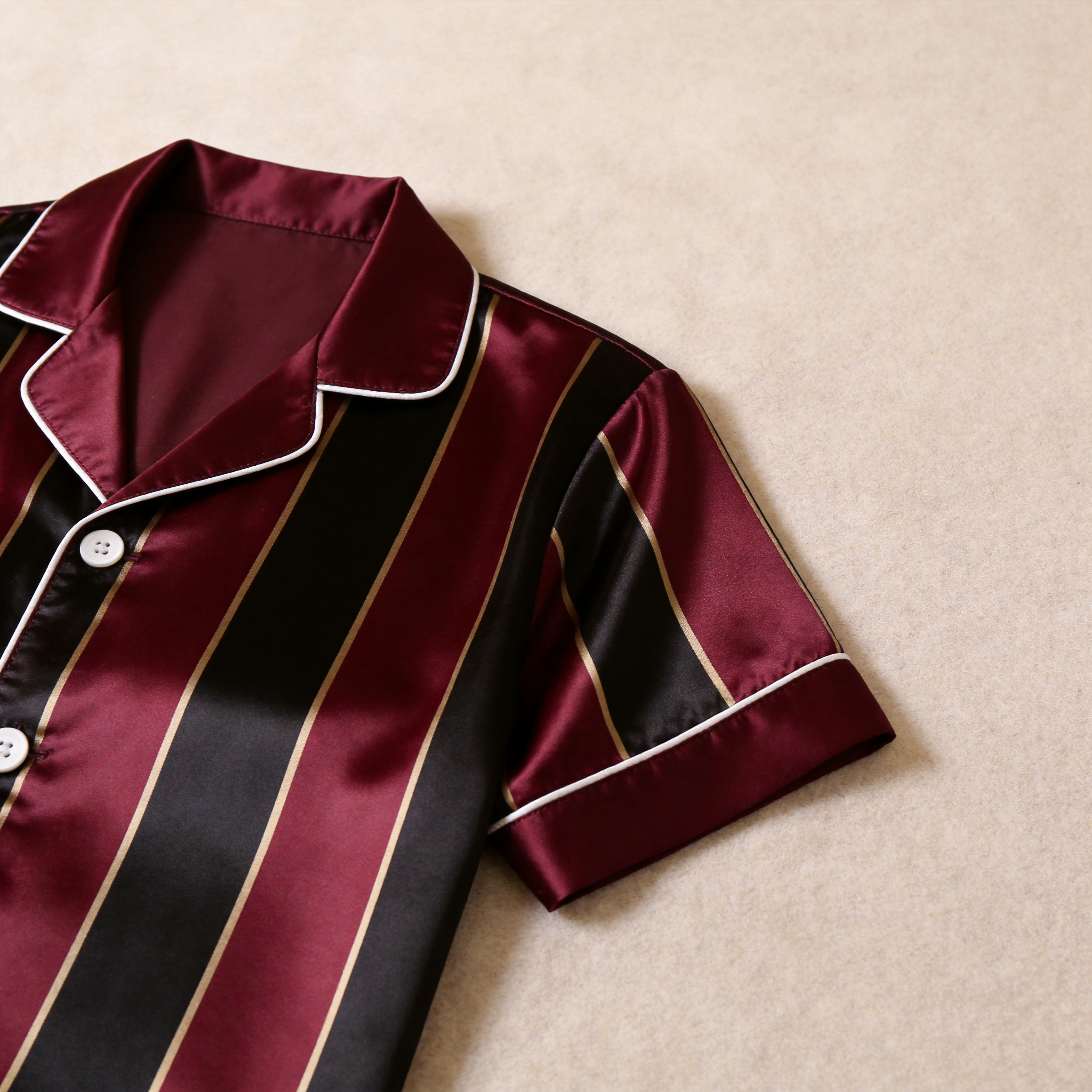 Vertical Stripe Short Sleeve Notched Collar Button-Down Shirt and Long Pants Nightwear