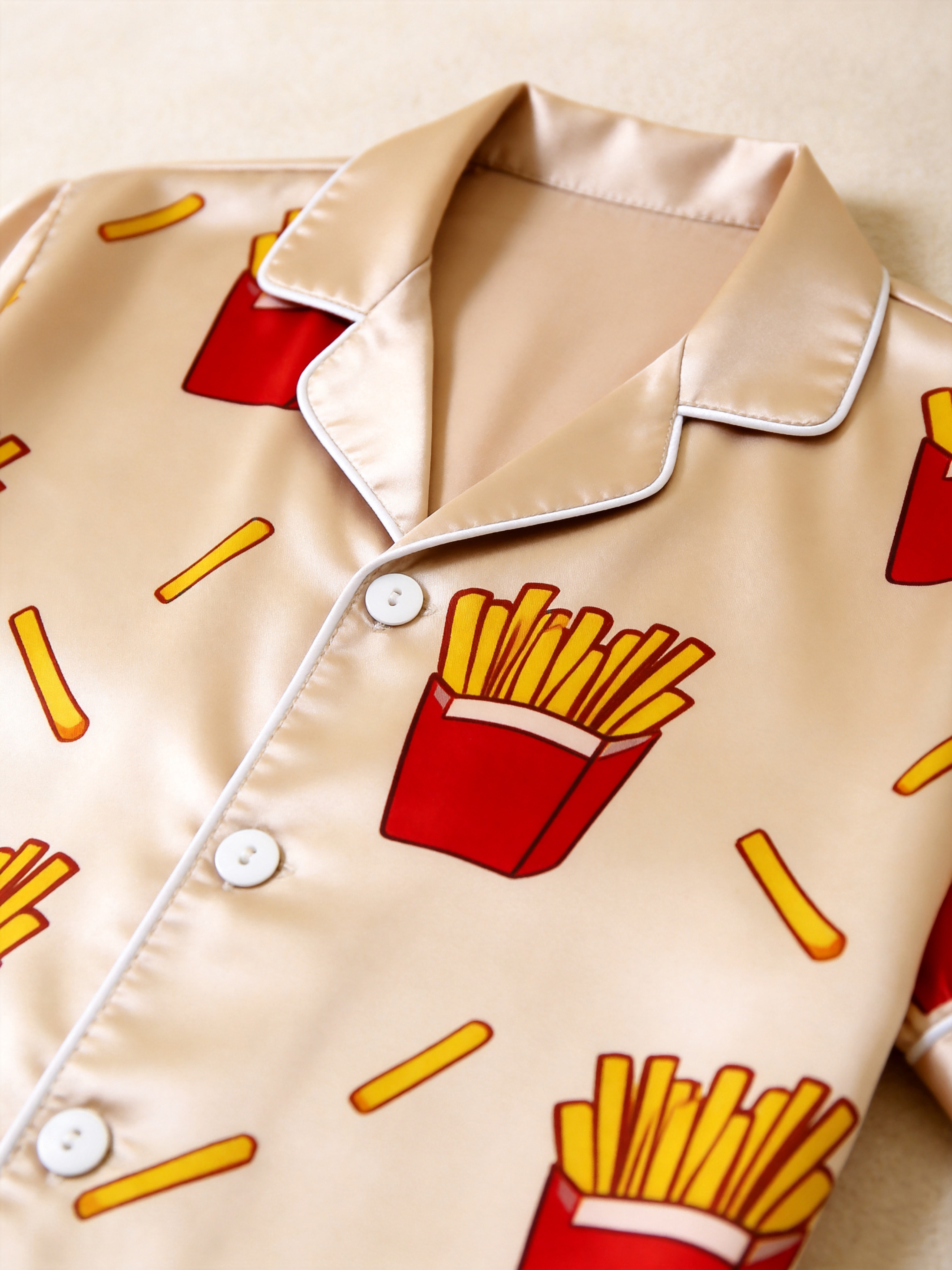 Cute Food Print Couple Short Sleeve Satin Button-Down Top & Pants Sleepwear Set
