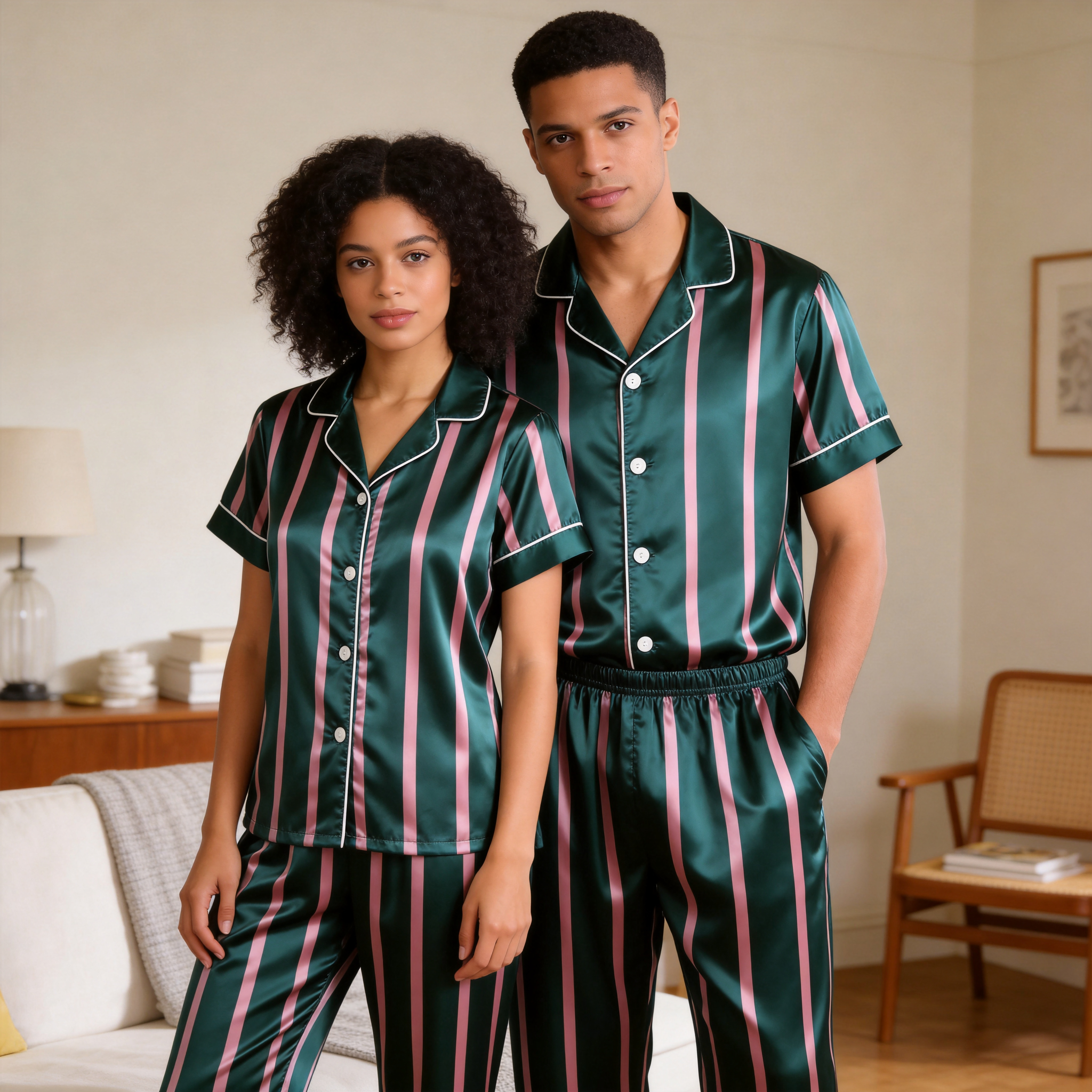 Vertical Stripe Short Sleeve Notched Collar Button-Down Shirt and Long Pants Nightwear